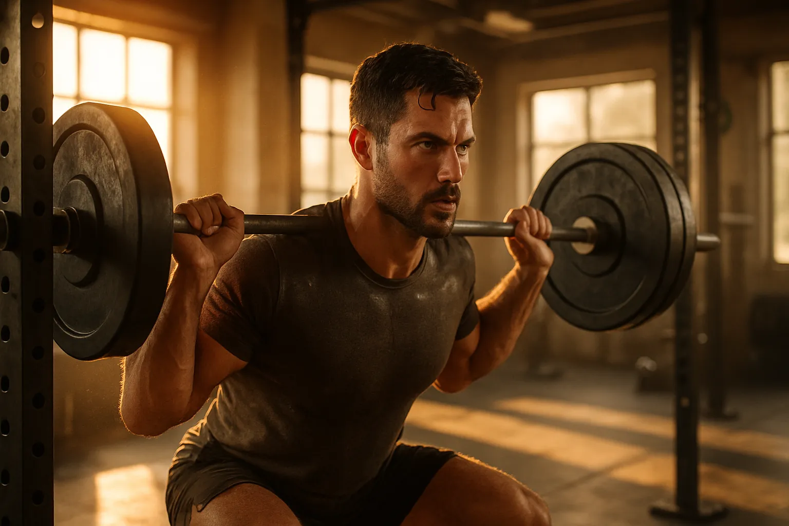 Homem realizando treino intenso de musculação para otimização natural de testosterona e ganho de massa muscular