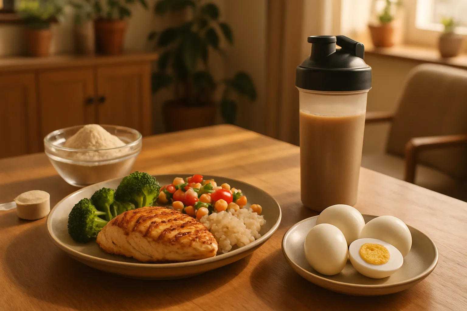 Refeição balanceada com alimentos ricos em proteína e leucina para combater perda muscular