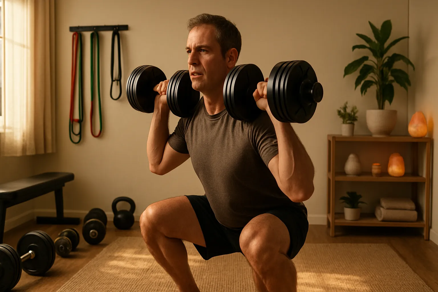 Pessoa de meia-idade realizando treino de força progressivo em casa para reverter sarcopenia