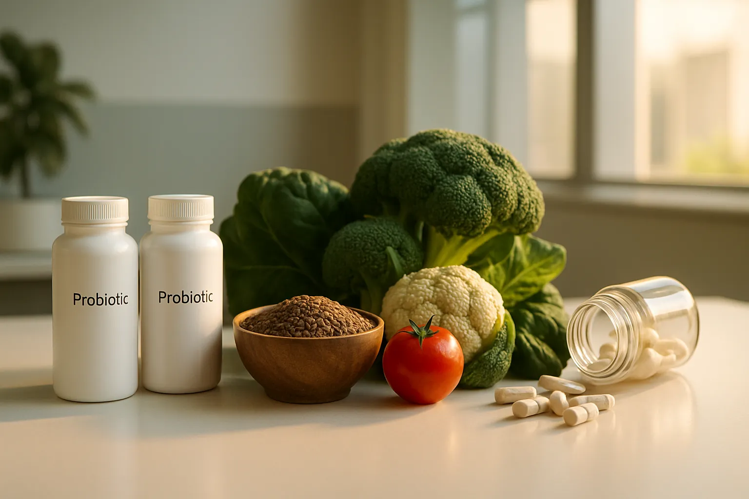 Disposição sequencial mostrando protocolo de otimização da saúde intestinal para eliminação de estrogênio, incluindo probióticos, alimentos ricos em fibras e enzimas digestivas que suportam o estroboloma