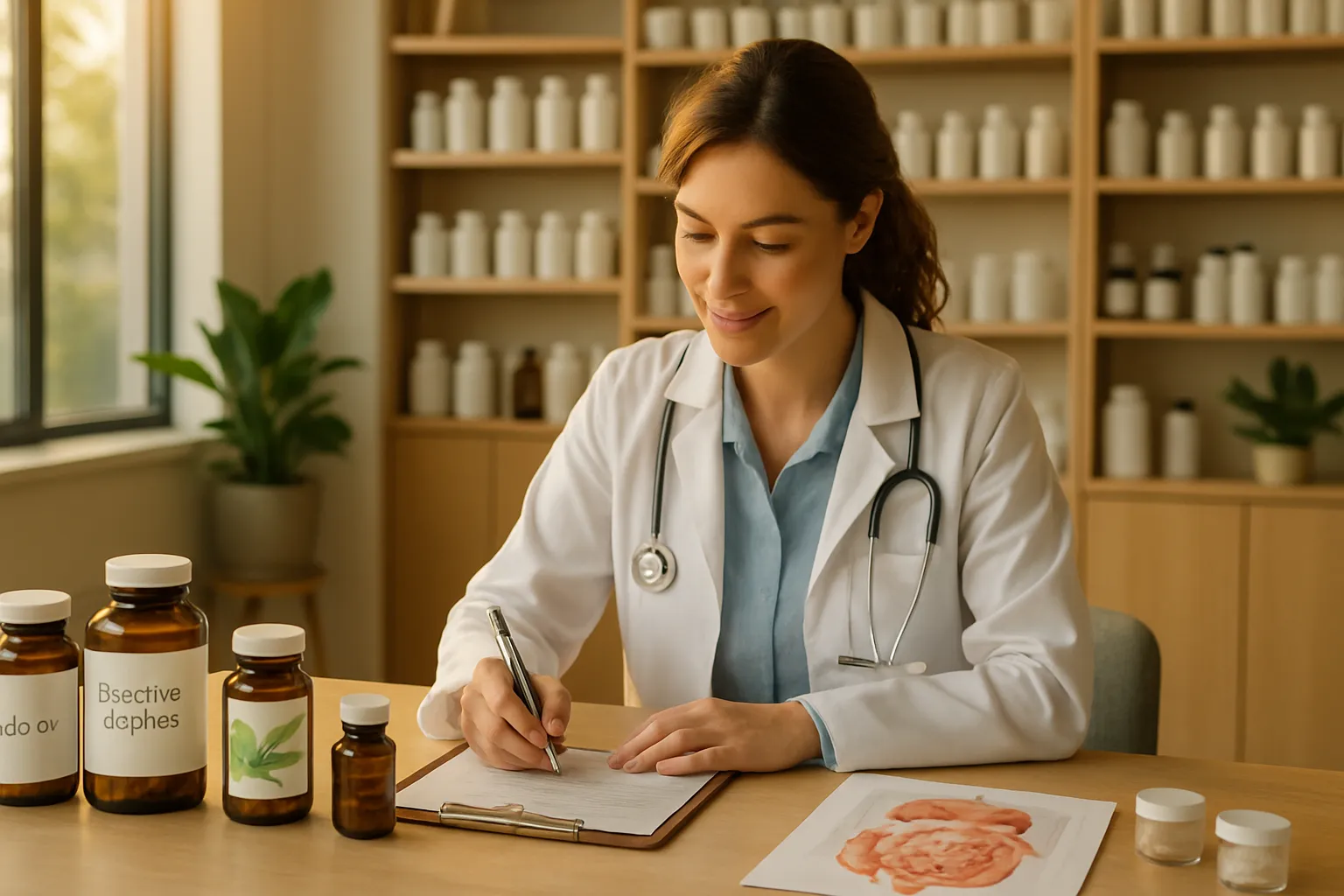 Absorção Intestinal e Deficiências Nutricionais Profissional de saúde preparando protocolo personalizado de absorção mineral com suplementos de selênio e enzimas digestivas para paciente com problemas de permeabilidade intestinal