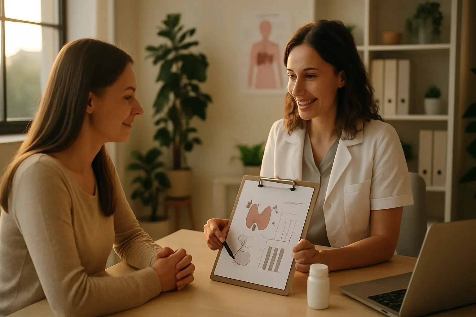 Processo Autoimune e Anticorpos Anti-TPO Paciente com tireoidite de Hashimoto recebendo consulta sobre protocolo autoimune especializado com estratégia de redução de anticorpos anti-TPO através de suplementação de selênio