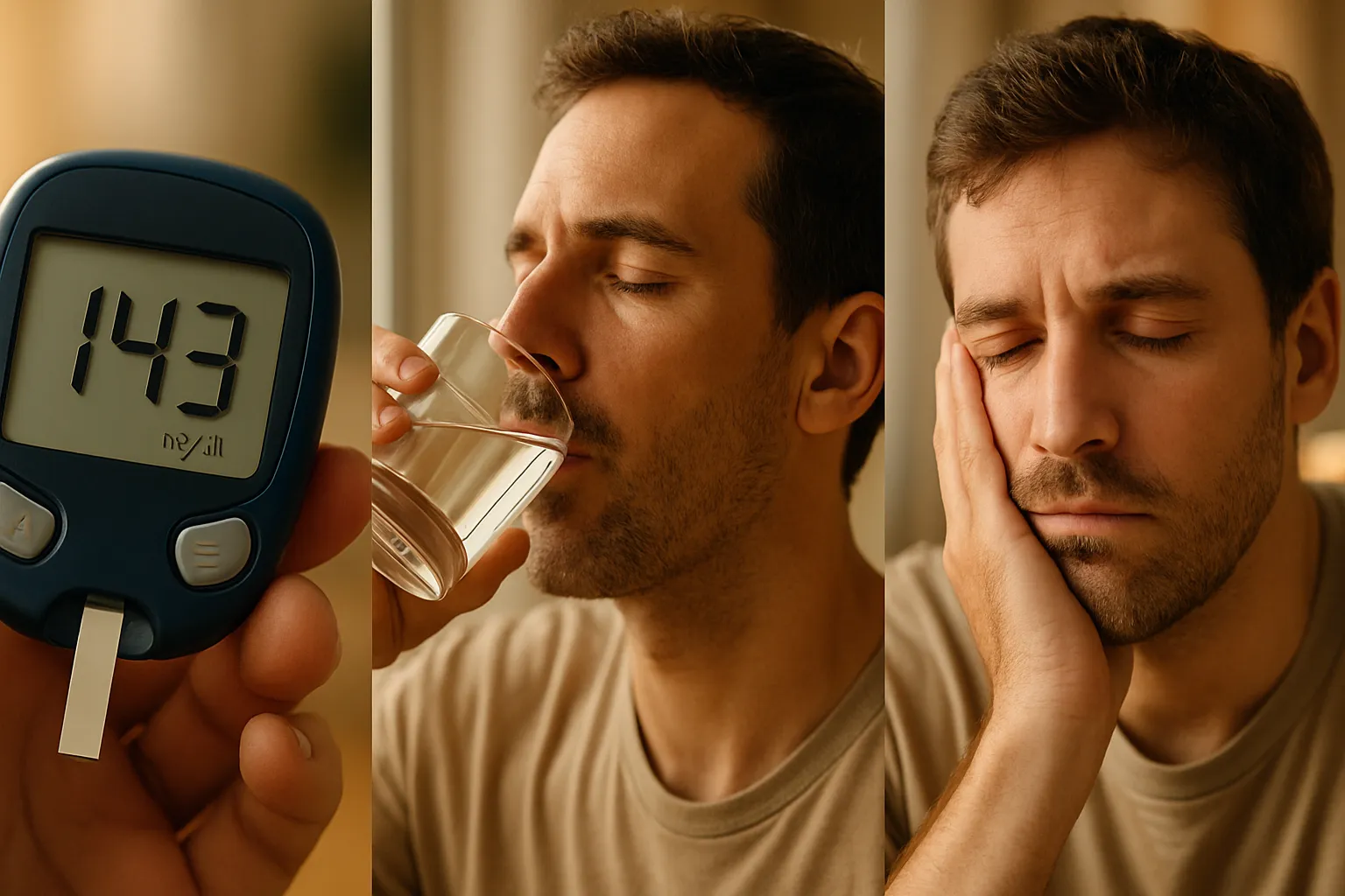 Sinais de Alerta de Descontrole Glicêmico Avançado Detalhes sequenciais de sinais de alerta metabólicos: glicemia elevada persistente, sede excessiva e fadiga crônica indicando possível pré-diabetes