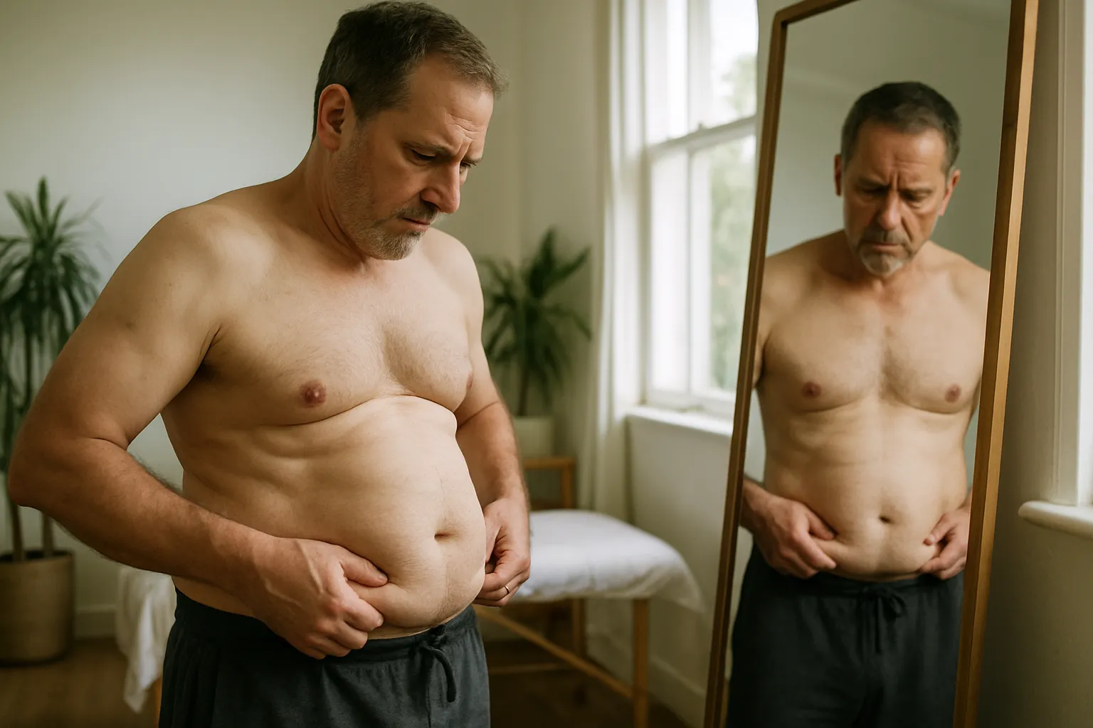 Homem de meia-idade observando acúmulo de gordura abdominal no espelho, evidenciando mudanças físicas da andropausa com expressão de preocupação