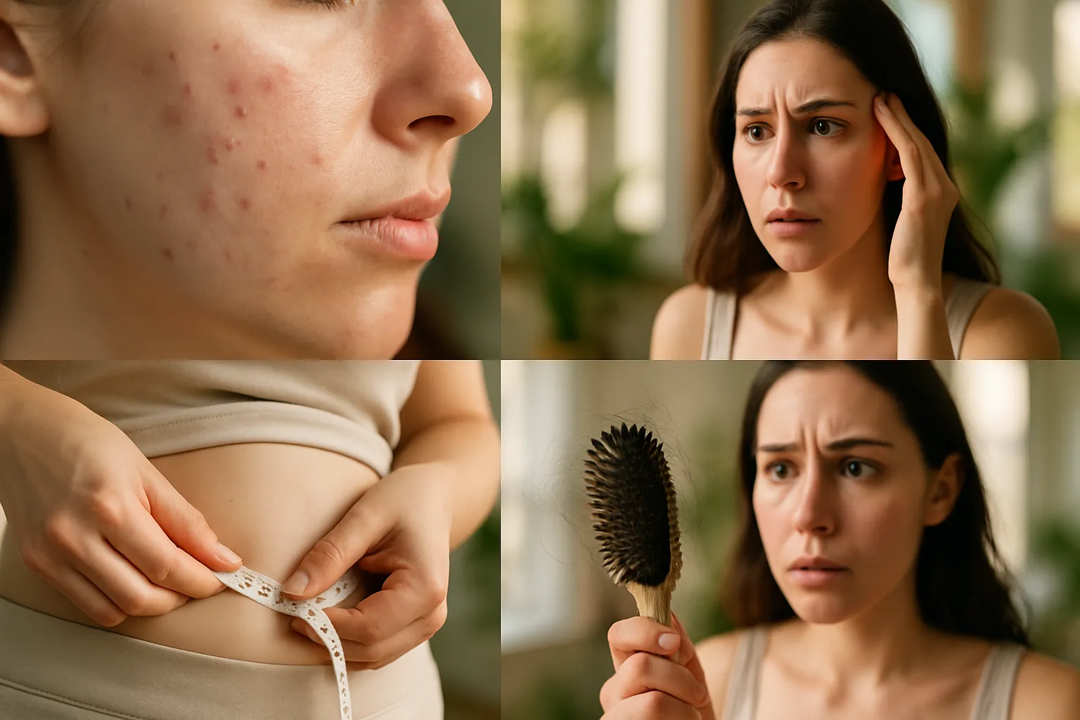 Manifestações Físicas do Desequilíbrio Hormonal Manifestações físicas visíveis do desequilíbrio hormonal incluindo acne persistente, ganho de peso abdominal e queda de cabelo em mulher com ovulação tardia