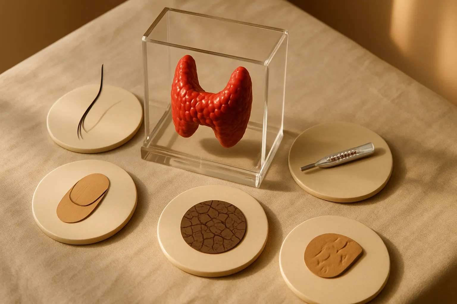 Sintomas Sistêmicos do Hipotireoidismo Subclínico Modelo anatômico educativo da tireoide cercado por indicadores visuais de sintomas como cabelo fino, termômetro, amostra de pele seca e unha quebradiça