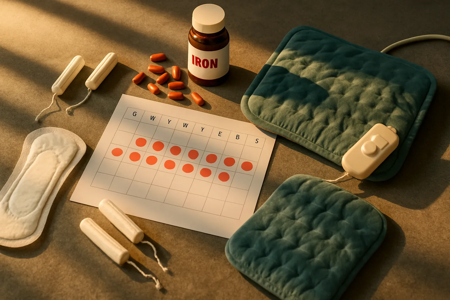 Composição plana com produtos para controle de sintomas de miomas: absorventes para fluxo intenso, suplementos de ferro, bolsa térmica e rastreador menstrual
