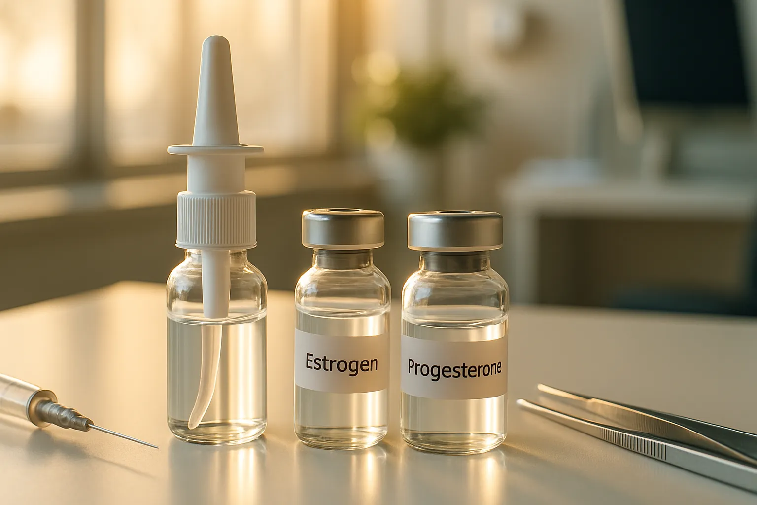 Spray Nasal de Ocitocina e Modulação Hormonal Spray nasal de ocitocina e frascos de hormônios para modulação clínica, ilustrando abordagens terapêuticas personalizadas para equilíbrio hormonal