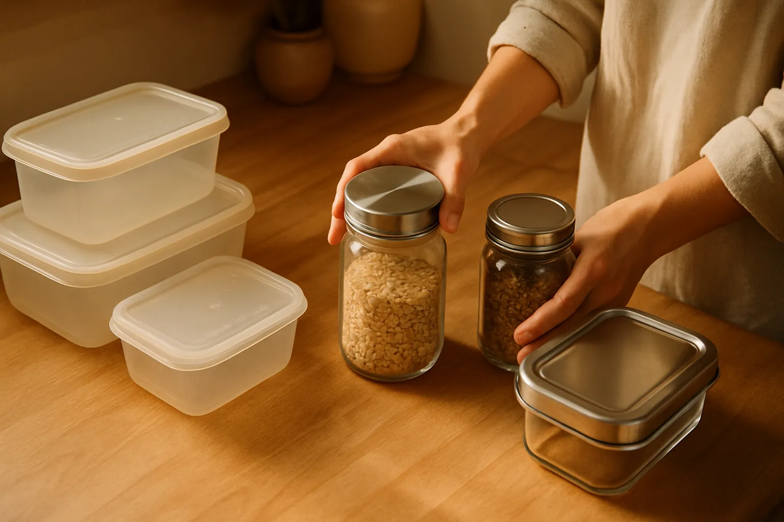 Mãos substituindo recipientes plásticos contendo BPA por alternativas seguras de vidro e aço inoxidável na cozinha