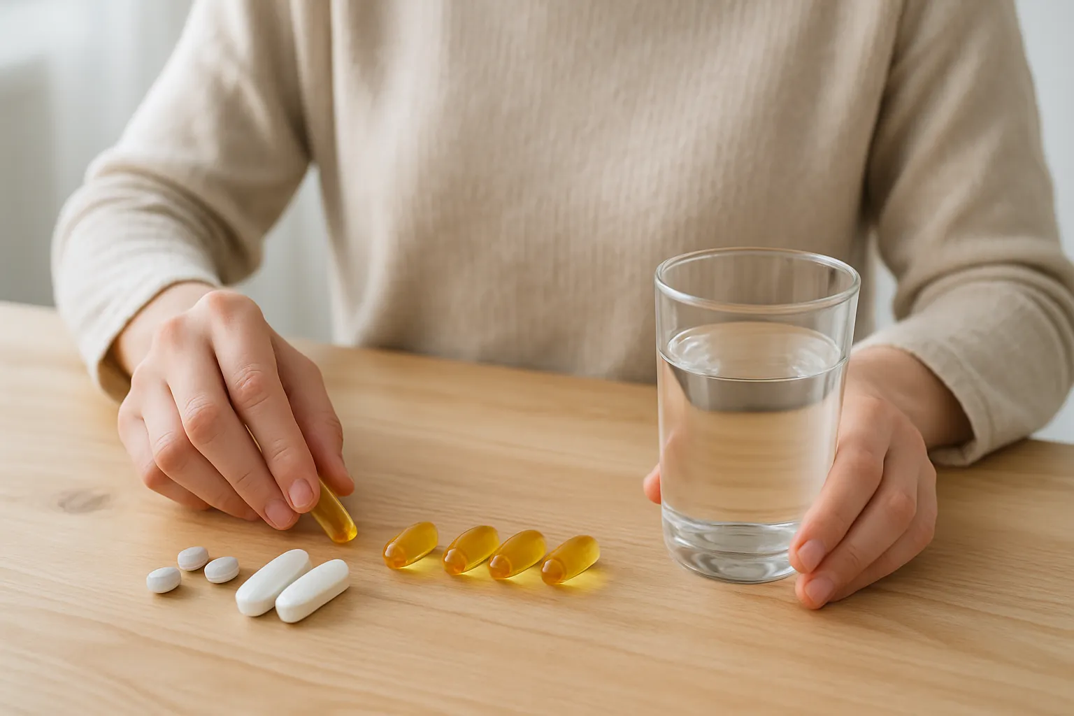 Pessoa organizando rotina diária de suplementação para manejo de Hashimoto com selênio, zinco, vitamina D e ômega-3