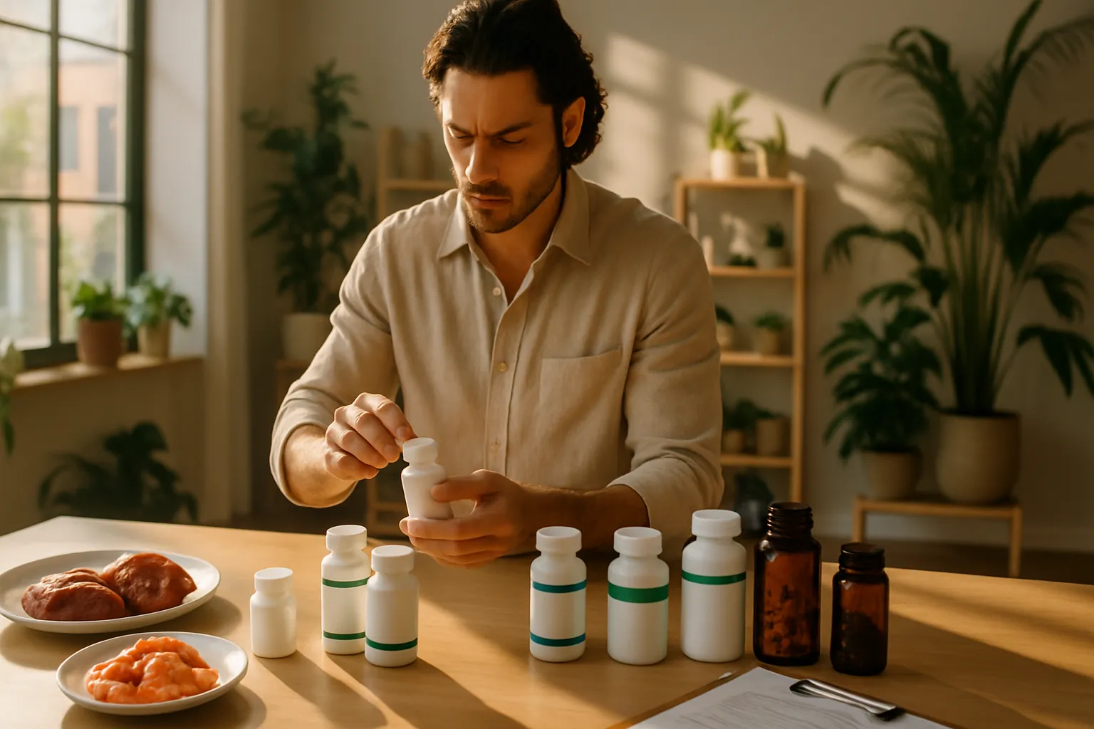 Especialista em bem-estar preparando protocolo personalizado de suplementação de zinco, selecionando formas queladas ideais com consideração ao equilíbrio de cobre