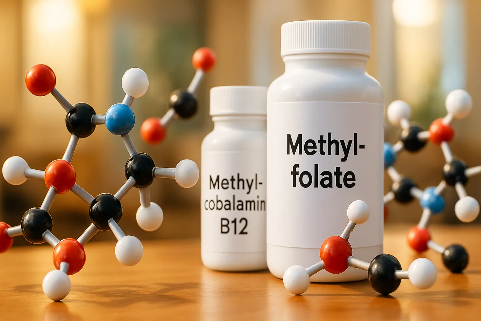 Suplementos de vitamina B12 metilcobalamina e metilfolato, formas ativas essenciais para o ciclo de metilação