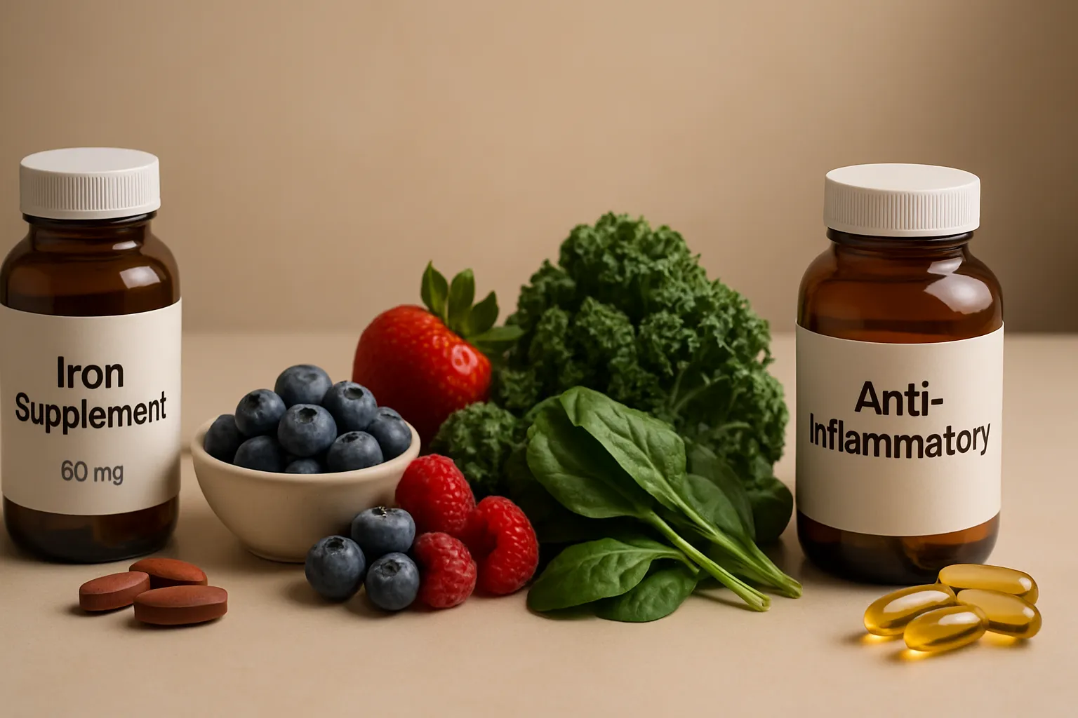 Suplementos de Ferro e Marcadores Inflamatórios Arranjo de suplementos de ferro e alimentos antioxidantes ilustrando o equilíbrio entre reposição de ferro e controle da inflamação