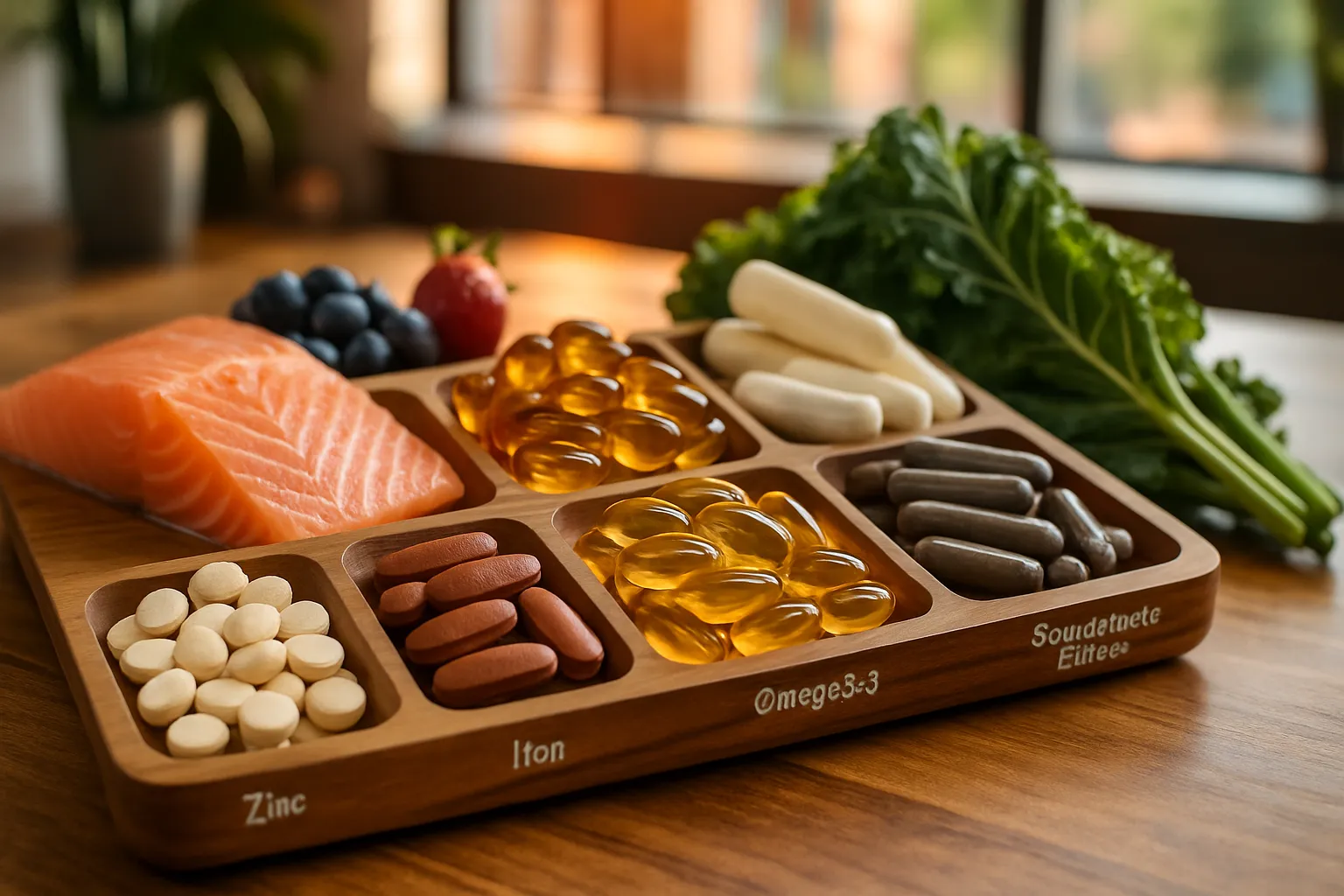 Suplementos Nutricionais para Saúde Capilar Arranjo organizado de suplementos nutricionais essenciais para saúde capilar incluindo zinco, vitamina D3, biotina, ferro, ômega-3 e saw palmetto, acompanhados de alimentos anti-inflamatórios como salmão, frutas vermelhas e vegetais verde-escuros