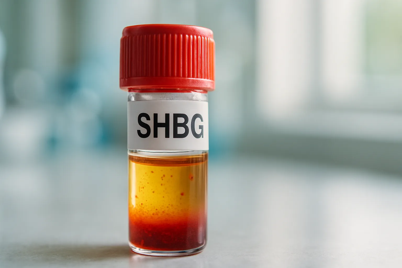 Detalhe macro de tubo de teste de SHBG (globulina ligadora de hormônios sexuais) para análise de testosterona livre e andrógenos