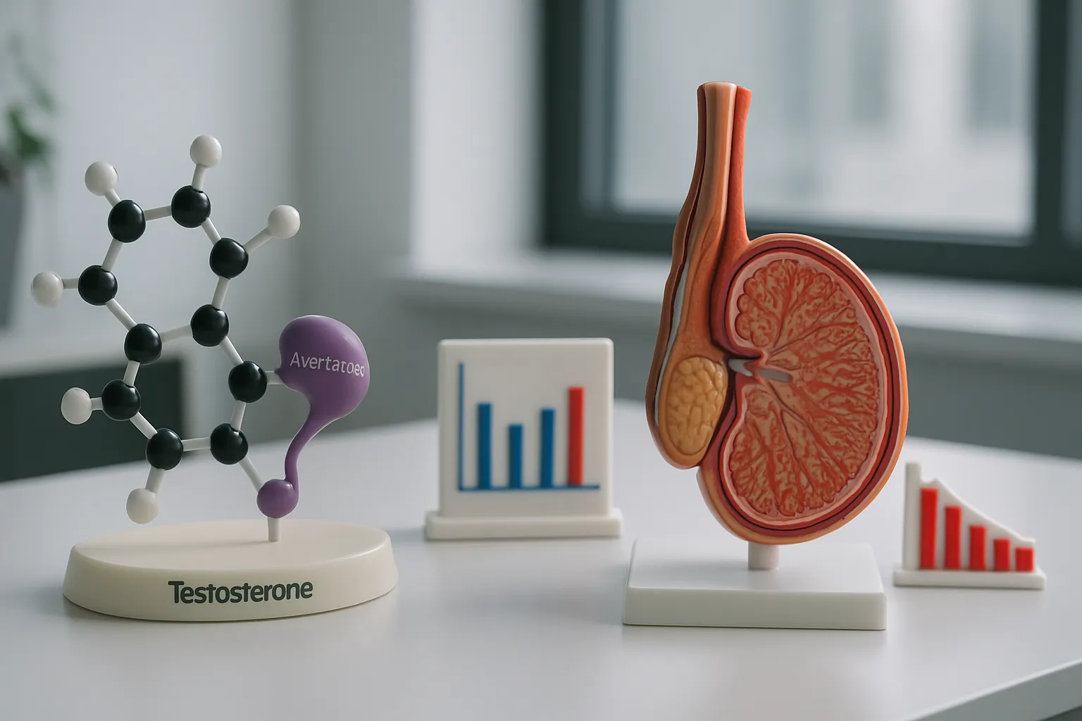 Modelo educacional médico demonstrando a conversão de testosterona em estrogênio pela enzima aromatase e impacto do álcool nas células de Leydig testiculares