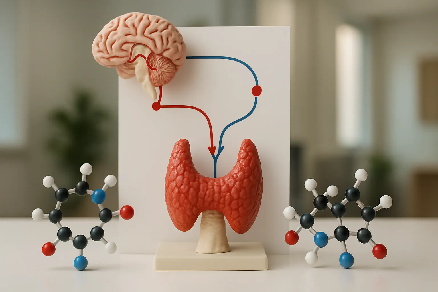 Thyroid Function Educational Model Modelo educacional médico da tireoide mostrando anatomia e vias hormonais relacionadas à função cerebral