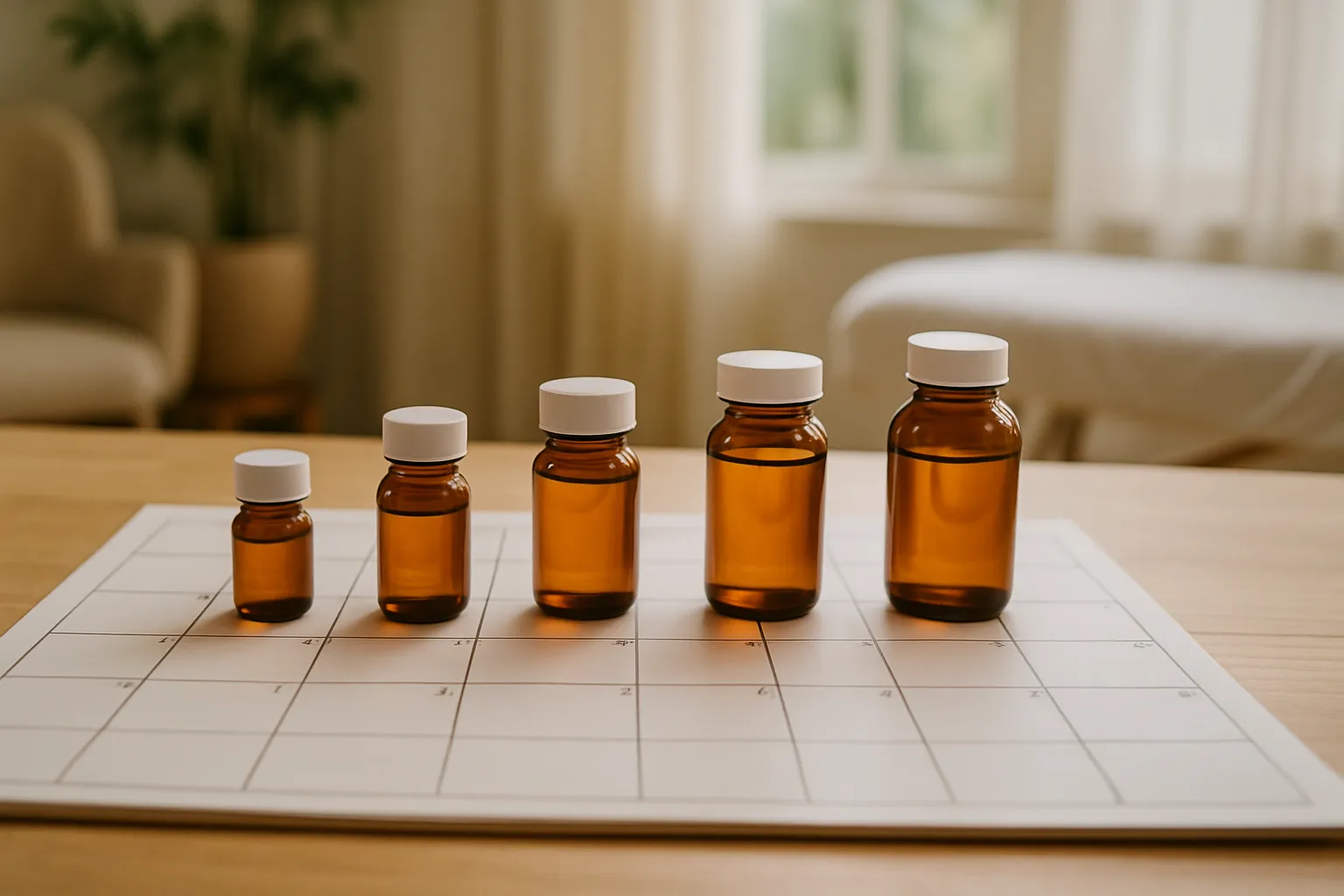 Timeline de Ação da Reposição Hormonal Calendário visual mostrando progressão do tratamento hormonal ao longo de semanas com medicamentos posicionados sequencialmente