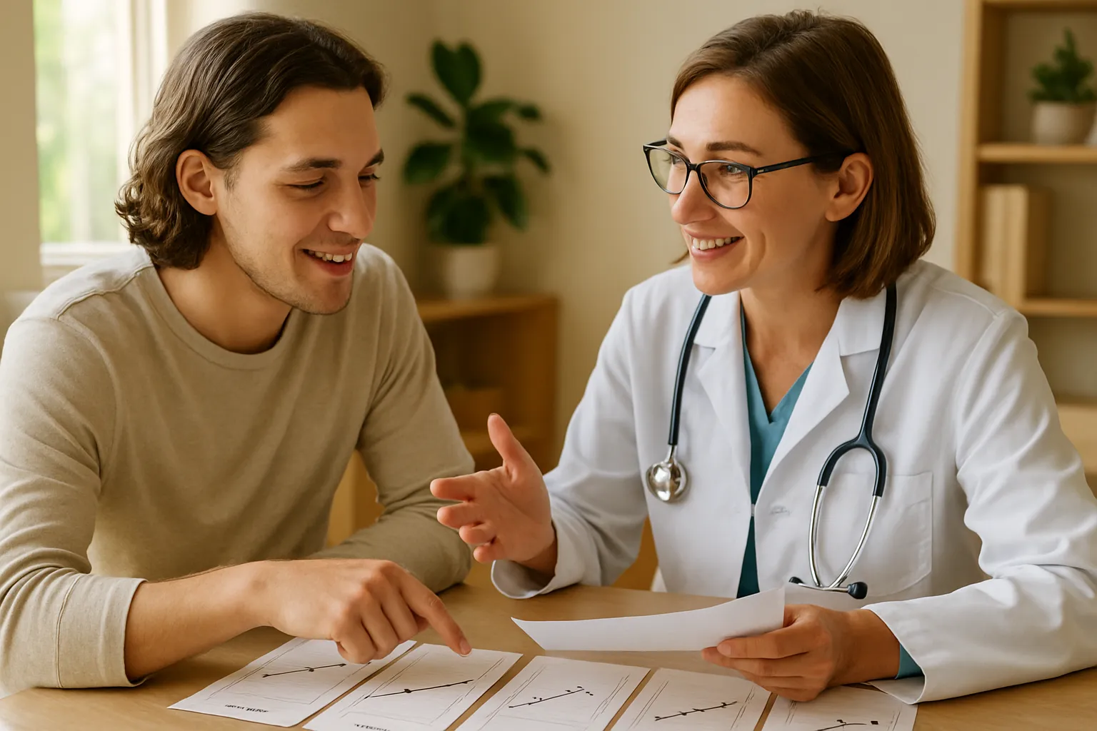 Paciente jovem revisando linha do tempo de resultados de exames hormonais com profissional médico, mostrando progressão do tratamento ao longo de meses em consulta iluminada naturalmente