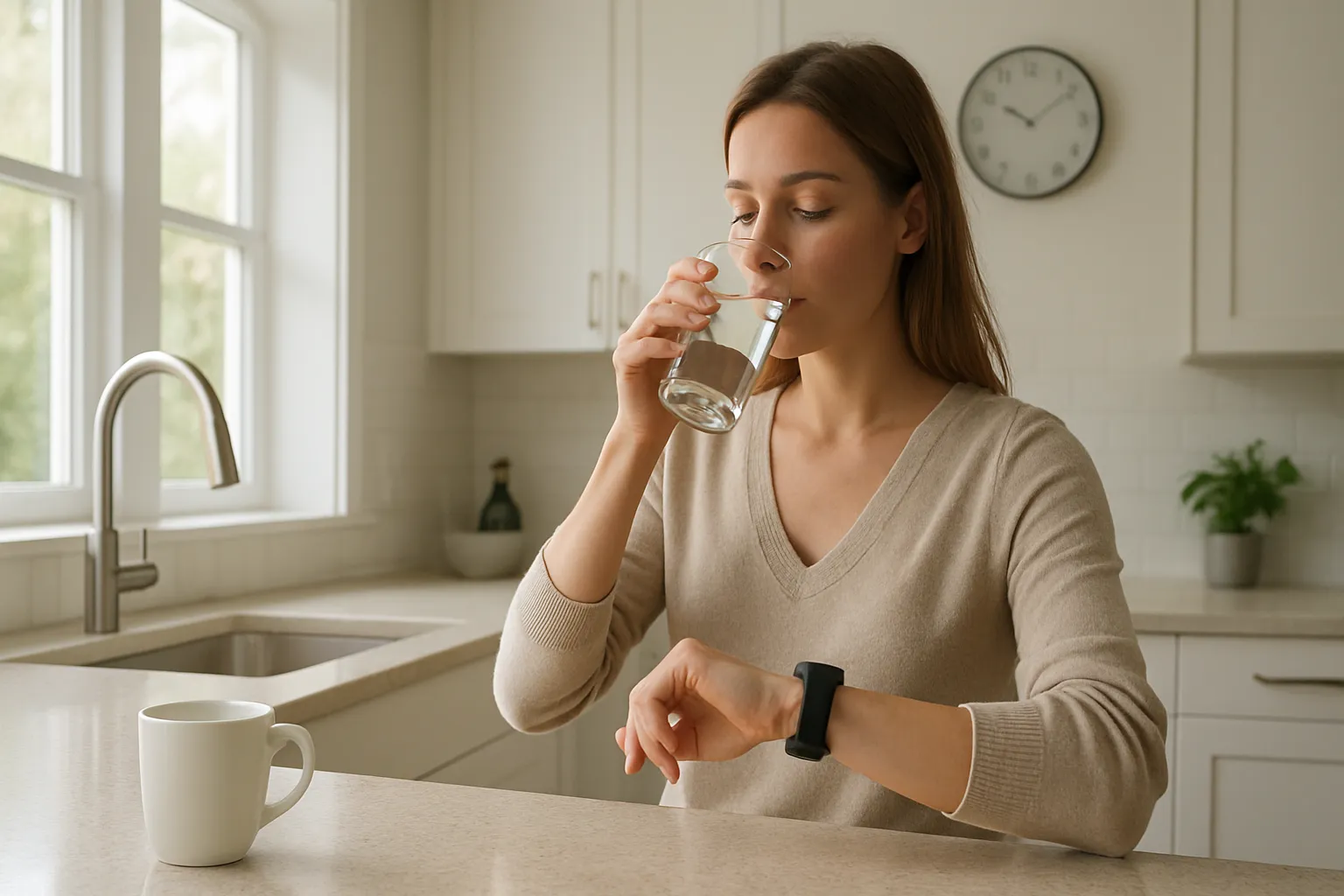 Mulher verificando o horário ideal para tomar café, respeitando o pico natural de cortisol matinal