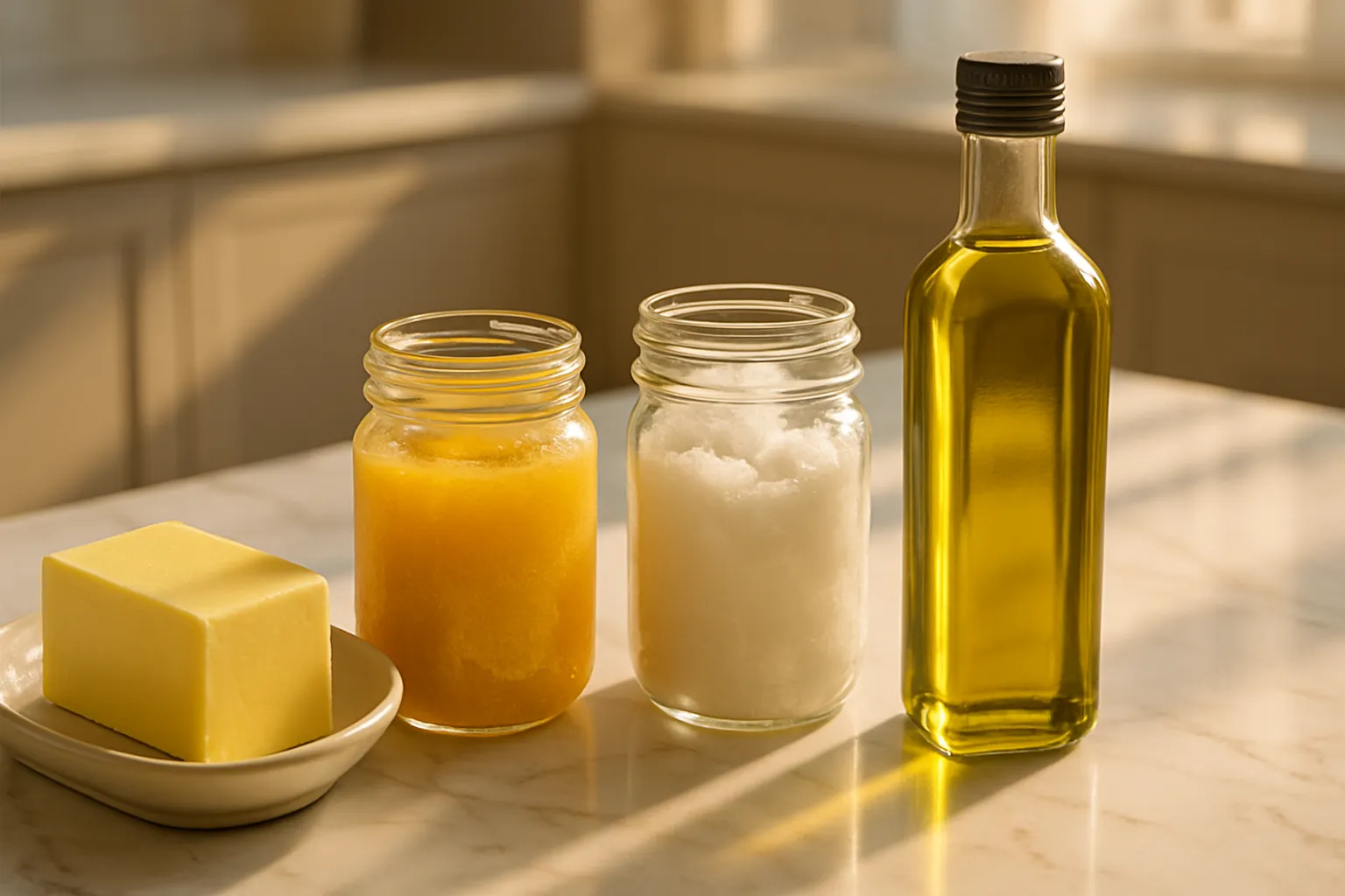 Arranjo organizado de gorduras naturais saudáveis incluindo manteiga grass-fed, ghee, óleo de coco e azeite extravirgem sobre bancada de mármore, representando alternativas anti-inflamatórias aos óleos vegetais