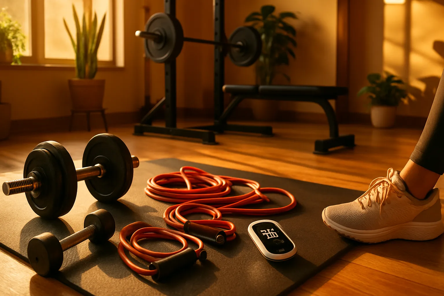 Treinamento de Resistência para Sensibilidade à Insulina Espaço de medicina integrativa preparado para treinamento de resistência com halteres, faixas elásticas e monitor de glicose, mostrando ambiente acolhedor para exercícios que melhoram sensibilidade à insulina