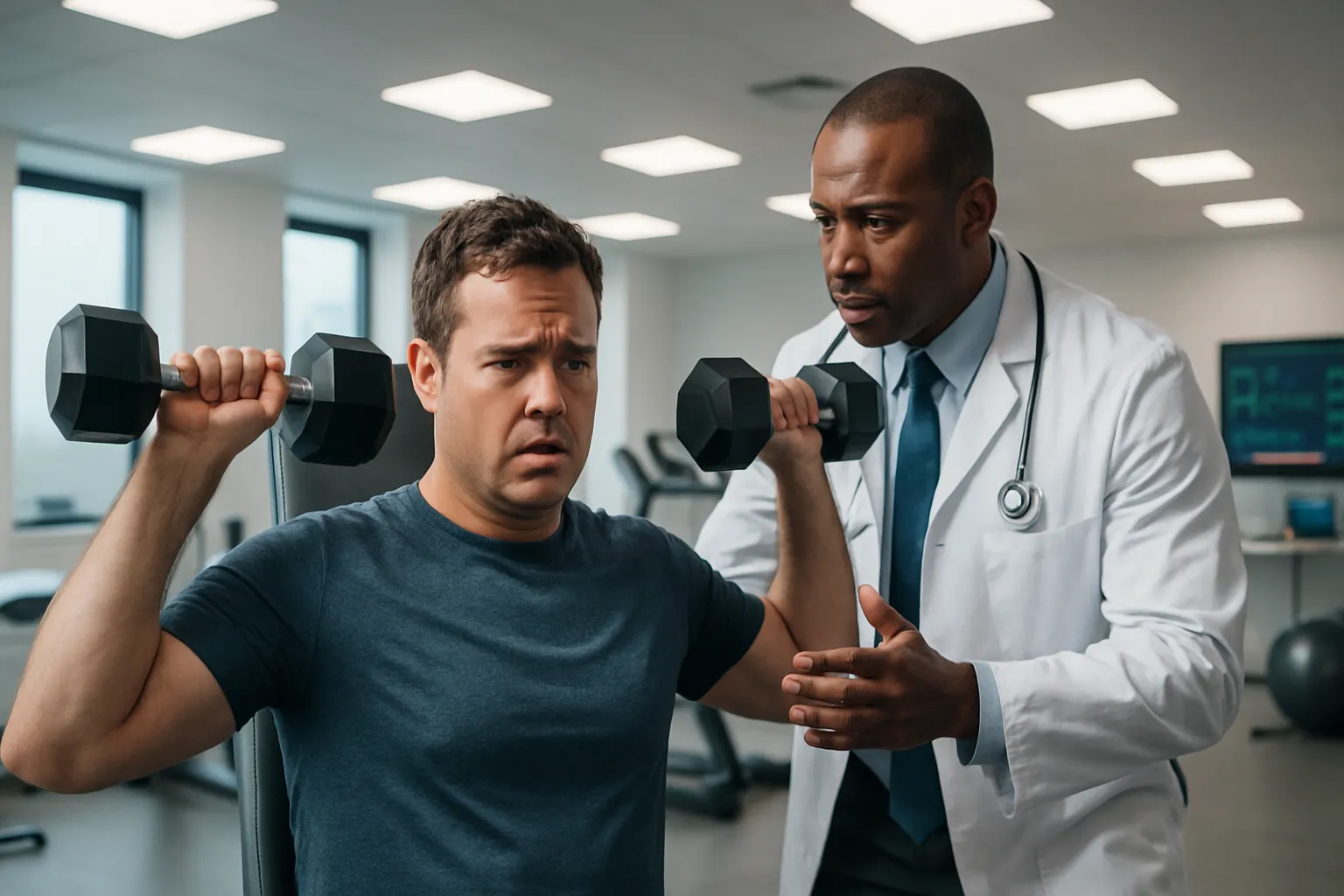 Paciente realizando treino de força supervisionado por médico especialista em ambiente clínico, demonstrando exercício estratégico para sensibilidade à insulina e preservação muscular