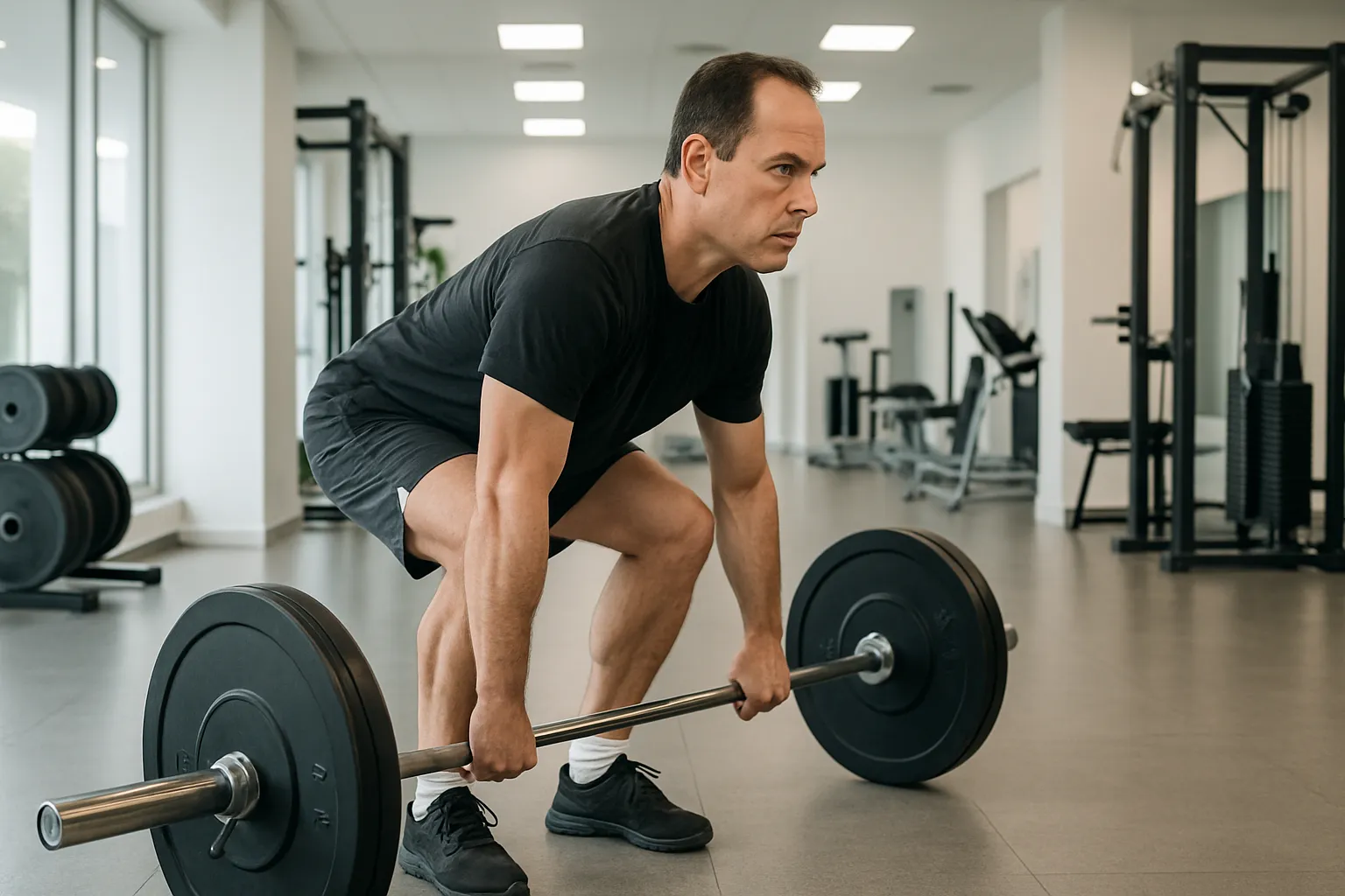 Pessoa acima de 40 anos executando levantamento terra com barra em academia moderna com forma correta