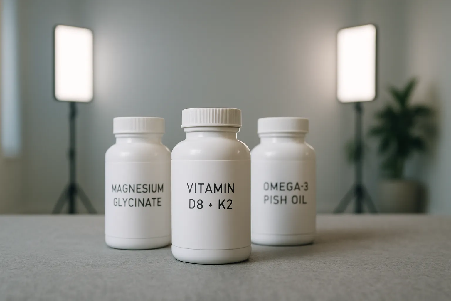 Três frascos de suplementos essenciais (magnésio, vitamina D e ômega-3) dispostos em formação triangular, representando a sinergia e potencialização mútua entre esses nutrientes