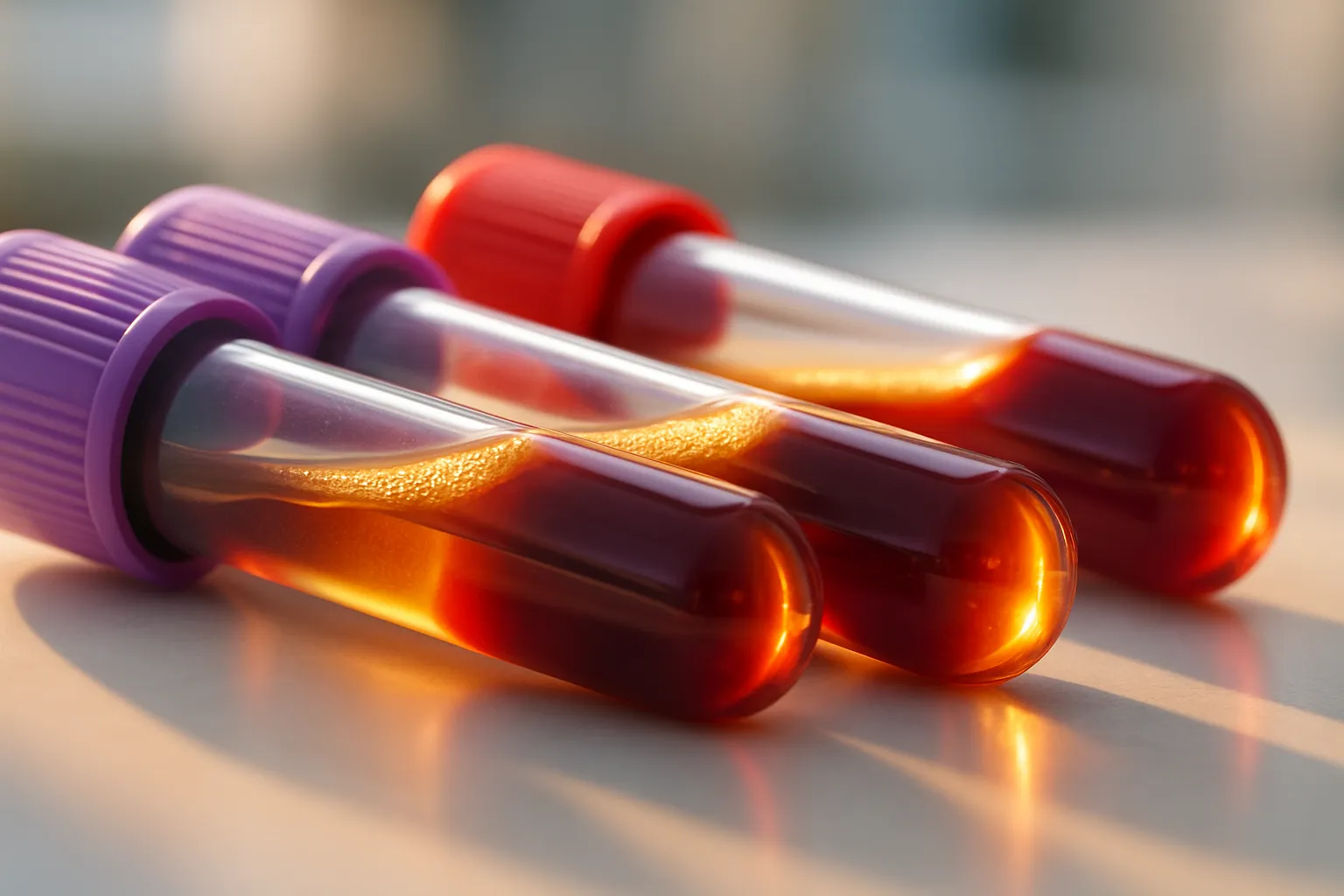 Tubos de Coleta para Testes Tireoidianos Close-up macro de tubos de coleta de sangue para painel tireoidiano com luz matinal suave atravessando o soro