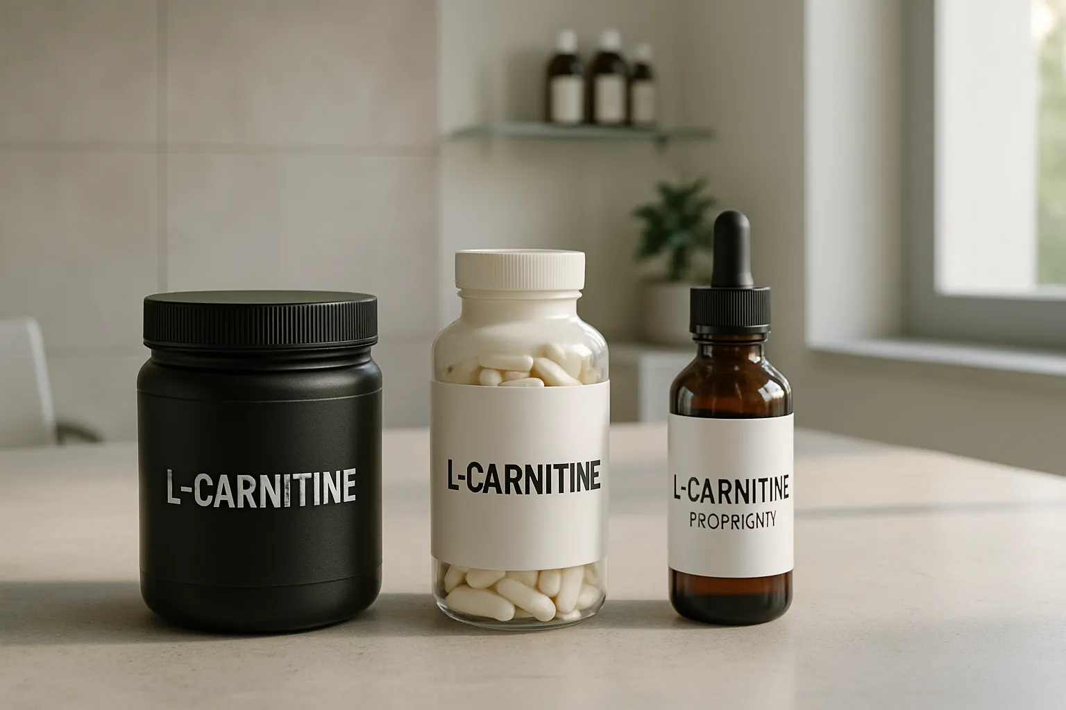 Três diferentes formas de suplementos de L-carnitina dispostos em superfície minimalista com iluminação natural