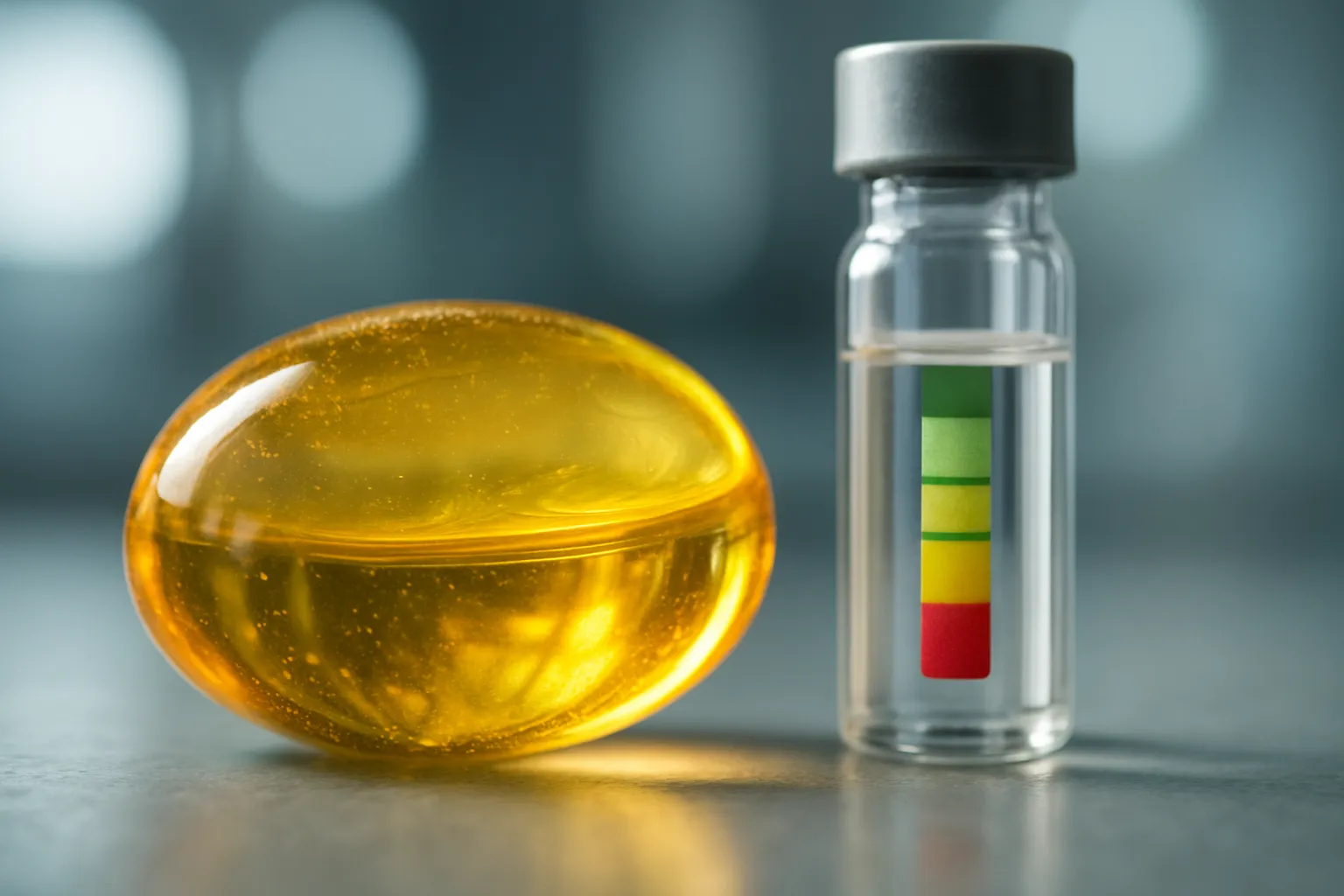 Detalhe macro de cápsula de vitamina D3 com óleo dourado visível, ao lado de teste hormonal, ilustrando a função da vitamina D como regulador hormonal no corpo