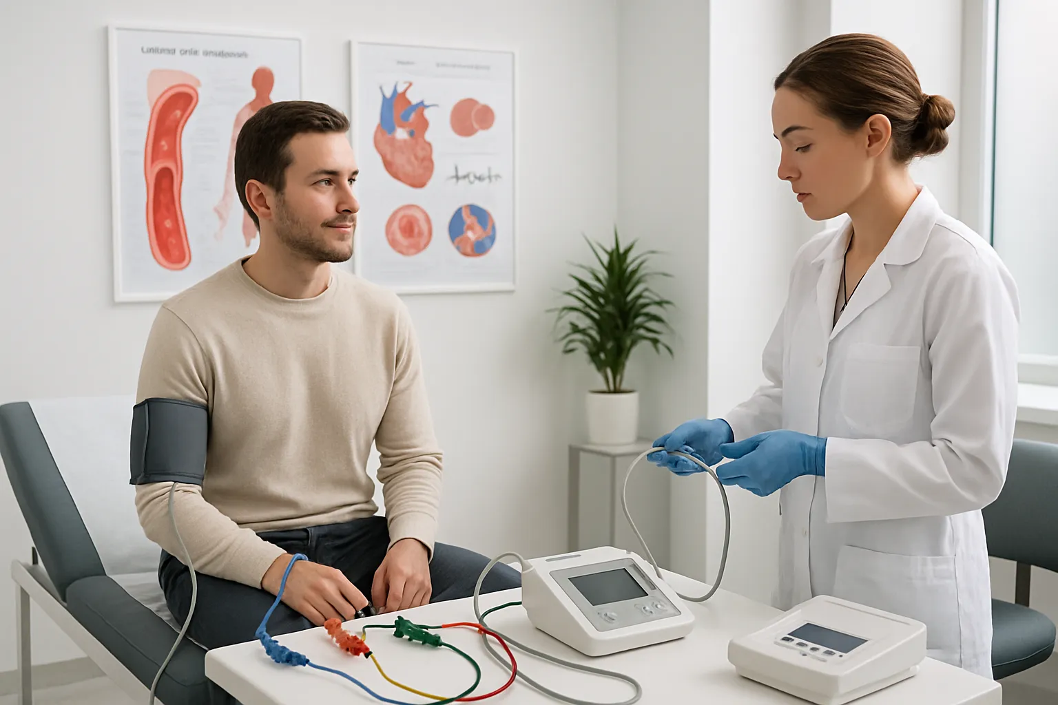 Consultório médico moderno especializado em avaliação de saúde vascular com equipamentos para medir elasticidade arterial e pressão