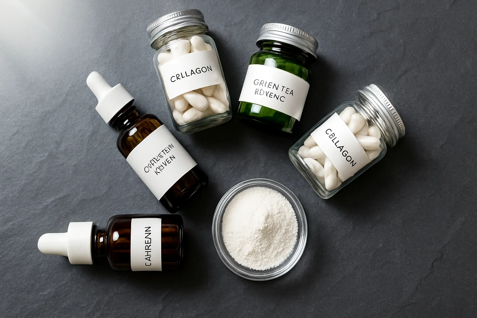 Arranjo organizado de produtos anti-glicação incluindo suplementos de colágeno, carnosina e extratos para proteção da pele