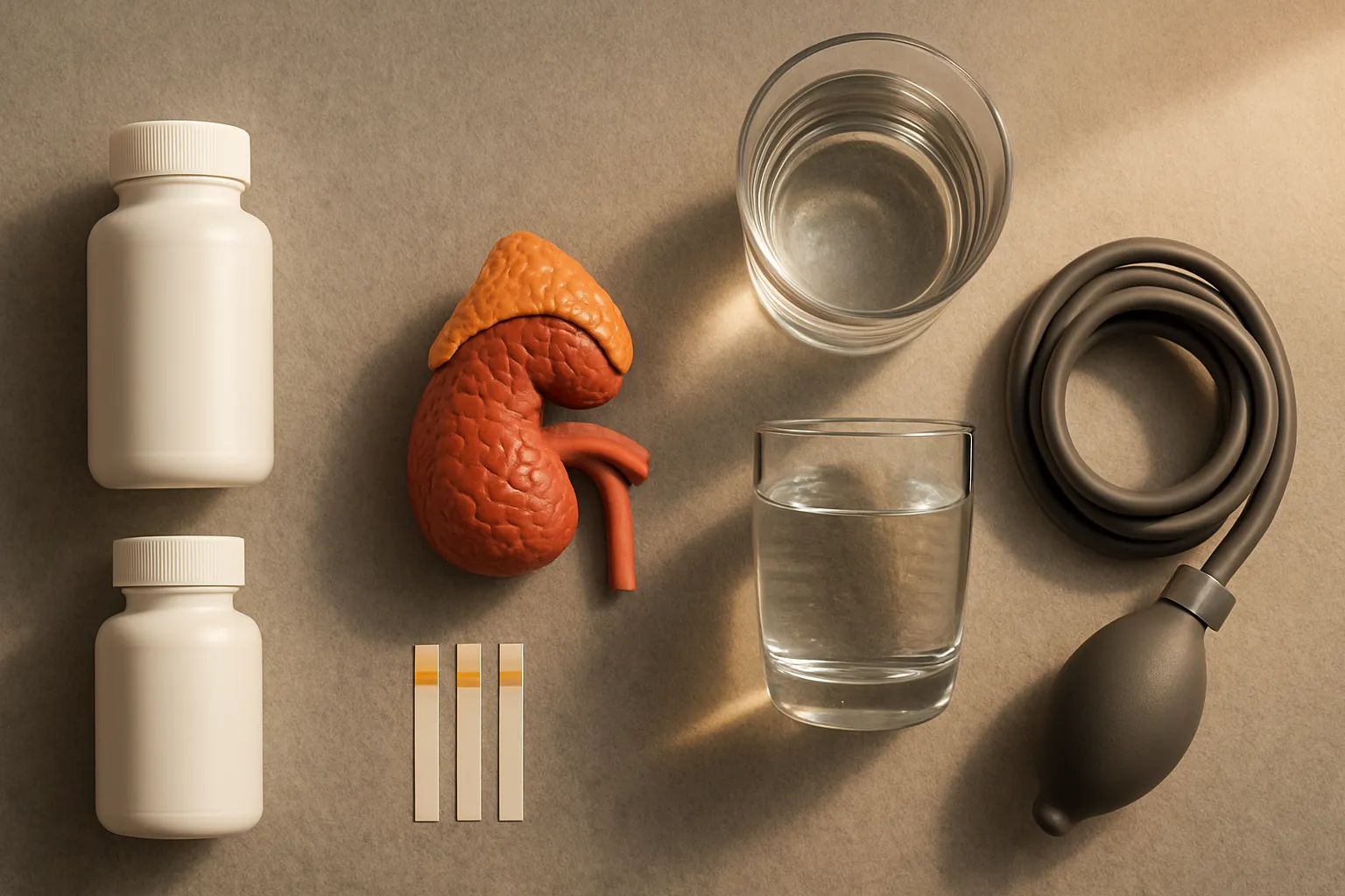 Composição médica mostrando modelo de glândula adrenal, suplementos de sódio e potássio e equipamentos para avaliar desequilíbrio de aldosterona na Síndrome de Conn