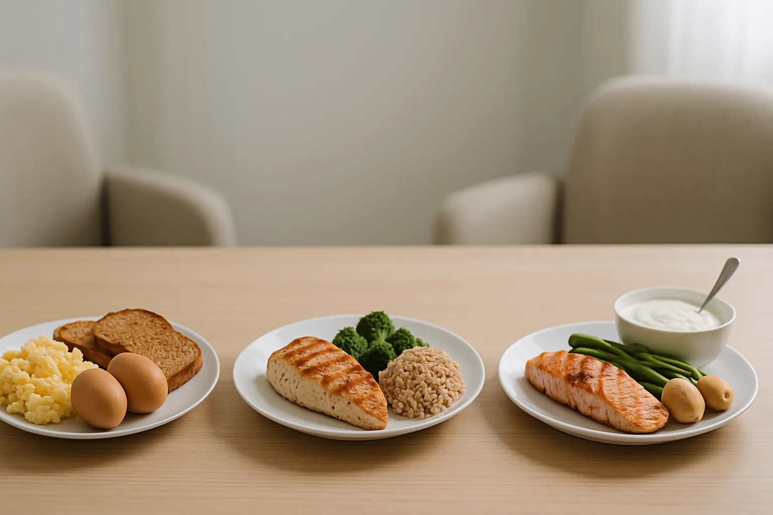 Três refeições ricas em proteína distribuídas ao longo do dia para fortalecer ossos e prevenir osteopenia na menopausa