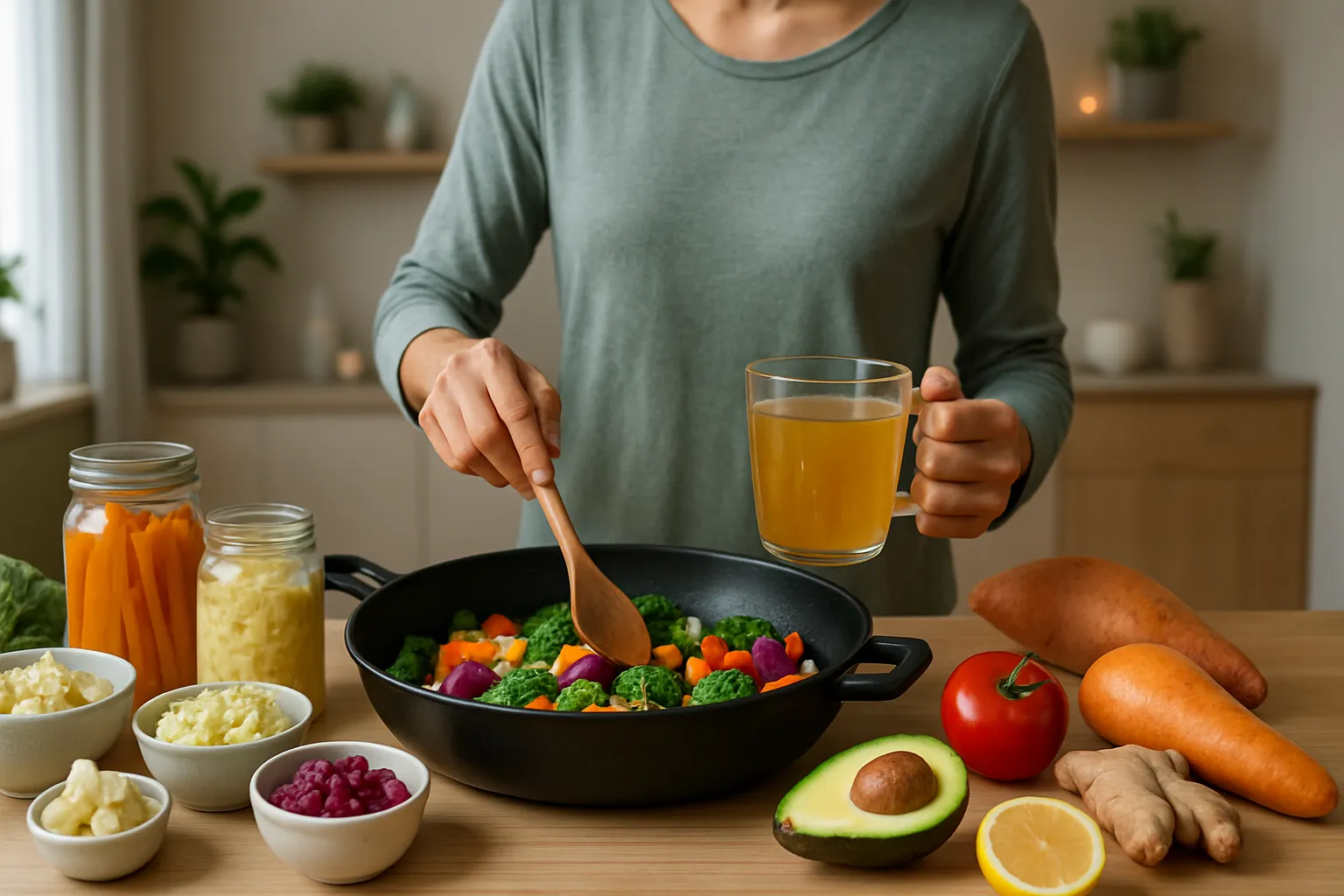 Pessoa preparando refeição reparadora para saúde intestinal com alimentos fermentados, caldo nutritivo e vegetais anti-inflamatórios