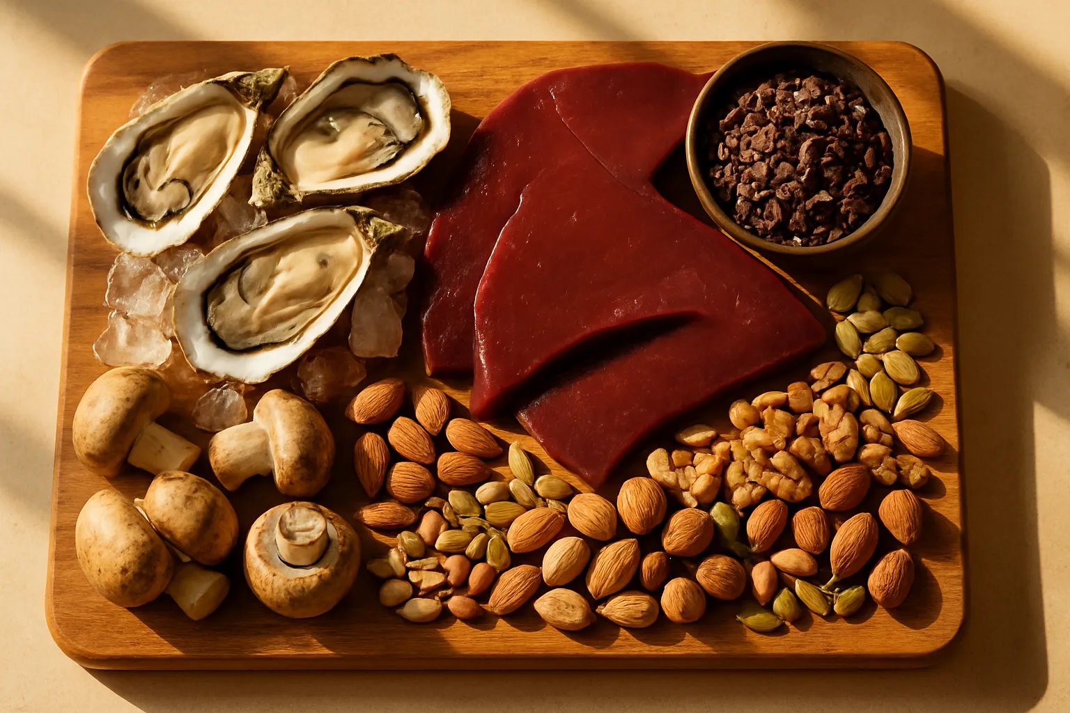 Arranjo de alimentos naturalmente ricos em cobre como ostras, fígado bovino, cacau, castanhas e cogumelos para suporte da função tireoidiana