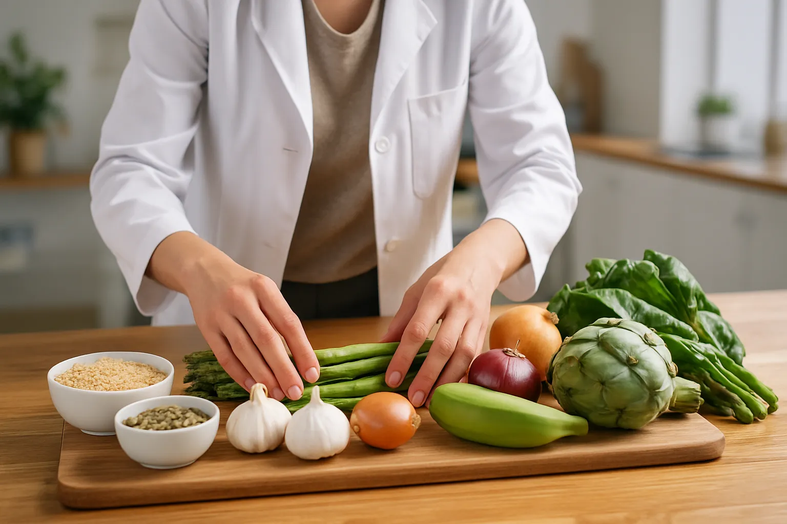 Nutricionista organizando alimentos ricos em fibras prebióticas que alimentam a microbiota intestinal e promovem produção de butirato