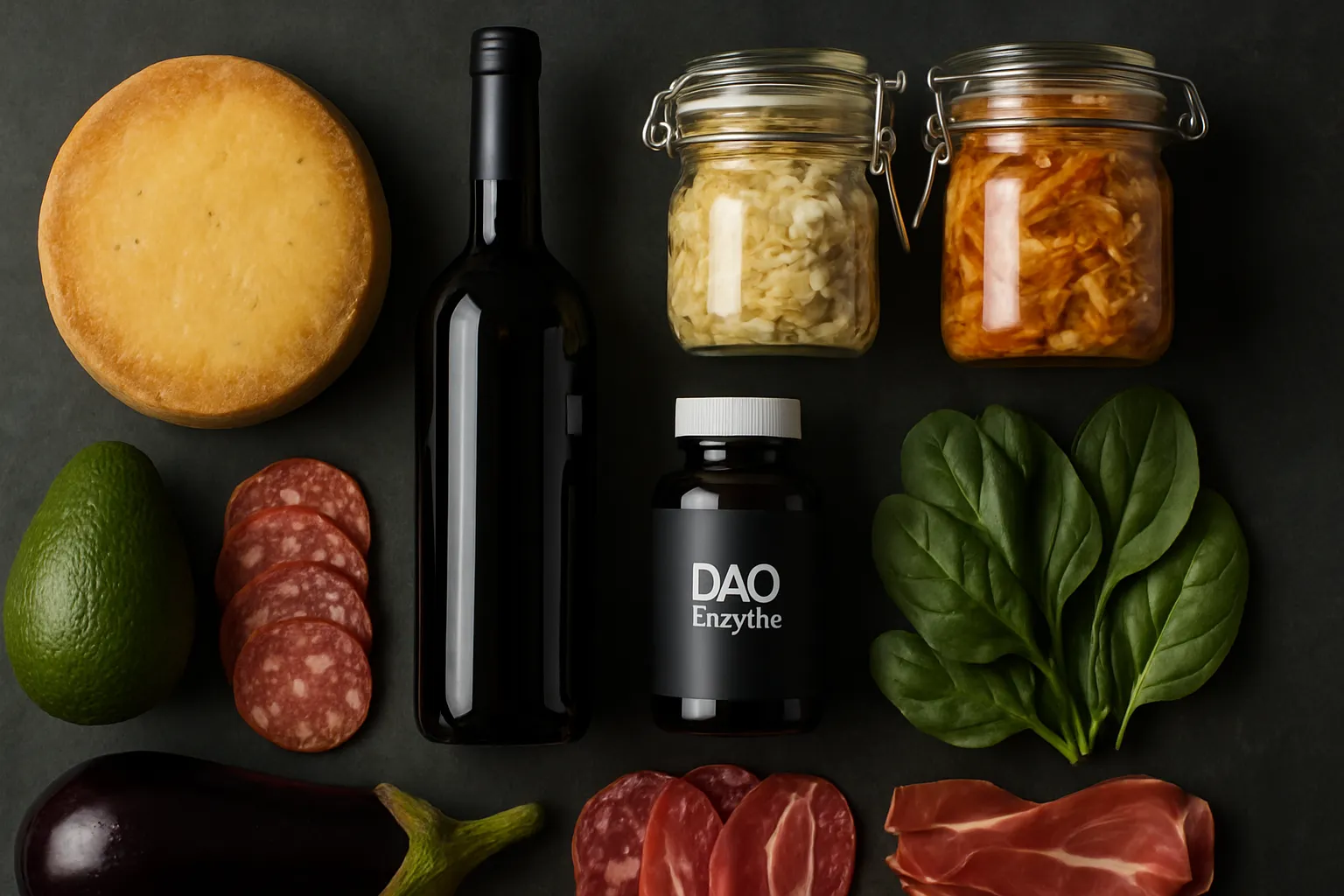 Composição flat lay mostrando alimentos ricos em histamina como queijos envelhecidos, vinho tinto, fermentados e suplemento de enzima DAO ao centro, ilustrando fontes alimentares de histamina
