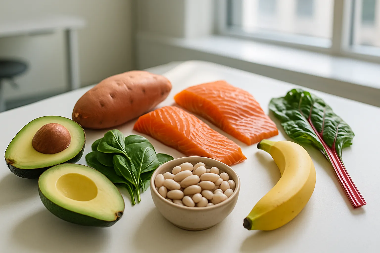 Composição educativa de alimentos ricos em potássio incluindo abacate, batata-doce, espinafre, salmão, banana, feijão branco e acelga, demonstrando o equilíbrio sódio-potássio para controle da pressão arterial