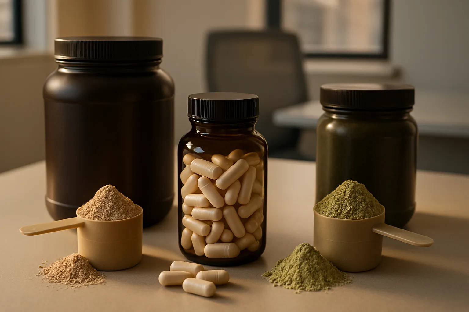 Composição plana organizada mostrando suplementos de aminoácidos com cápsulas de leucina em destaque, proteína whey e proteína de ervilha, ilustrando diferenças na composição de aminoácidos