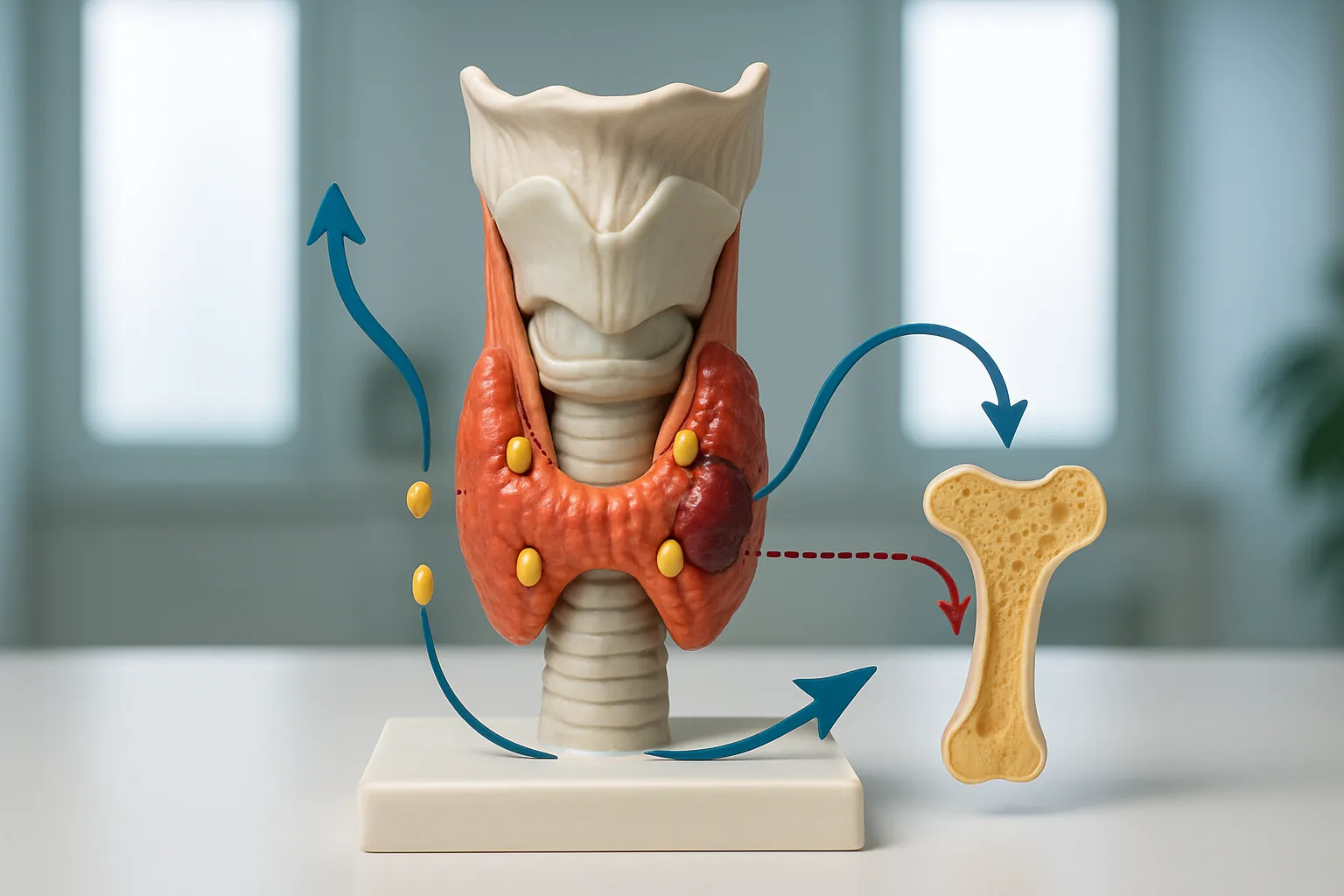 Modelo anatômico detalhado mostrando as quatro glândulas paratireoides no pescoço, com destaque para adenoma em uma das glândulas e sua relação com a tireoide