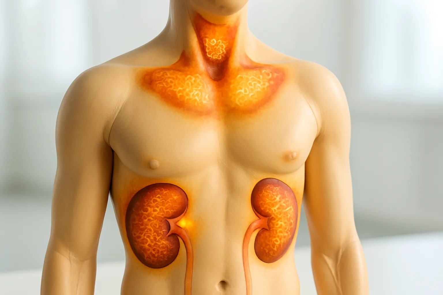 Modelo anatômico educacional mostrando localização da gordura marrom no corpo humano e zonas de termogênese