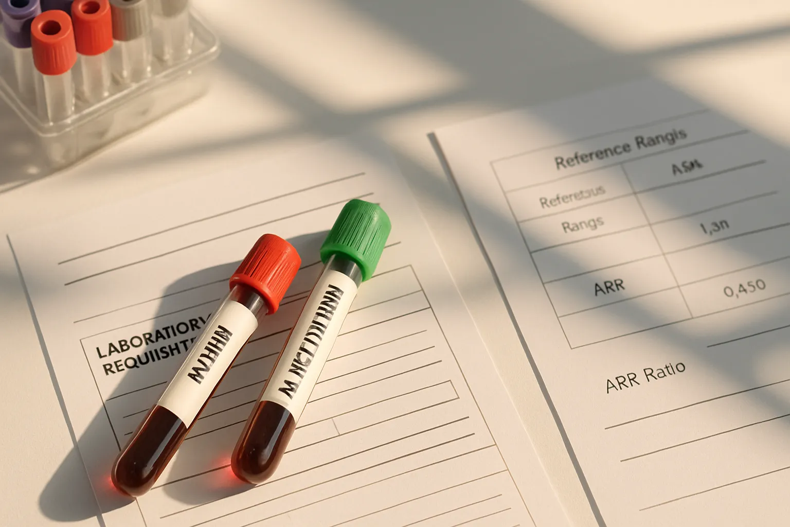 Arranjo de tubos de coleta de sangue para exame de renina e aldosterona, formulário laboratorial e gráfico de valores de referência do ARR