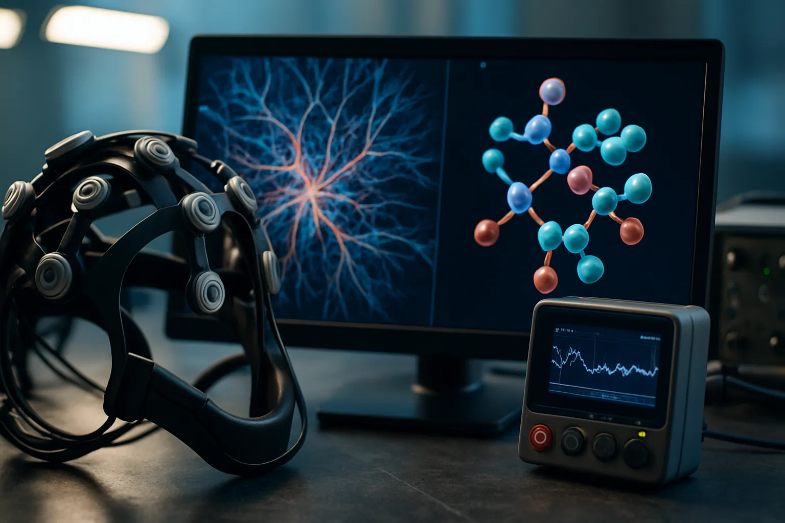 Detalhe macro de equipamento de neuroimagem e modelo de receptores de endorfina, mostrando como o cérebro responde biologicamente à expectativa