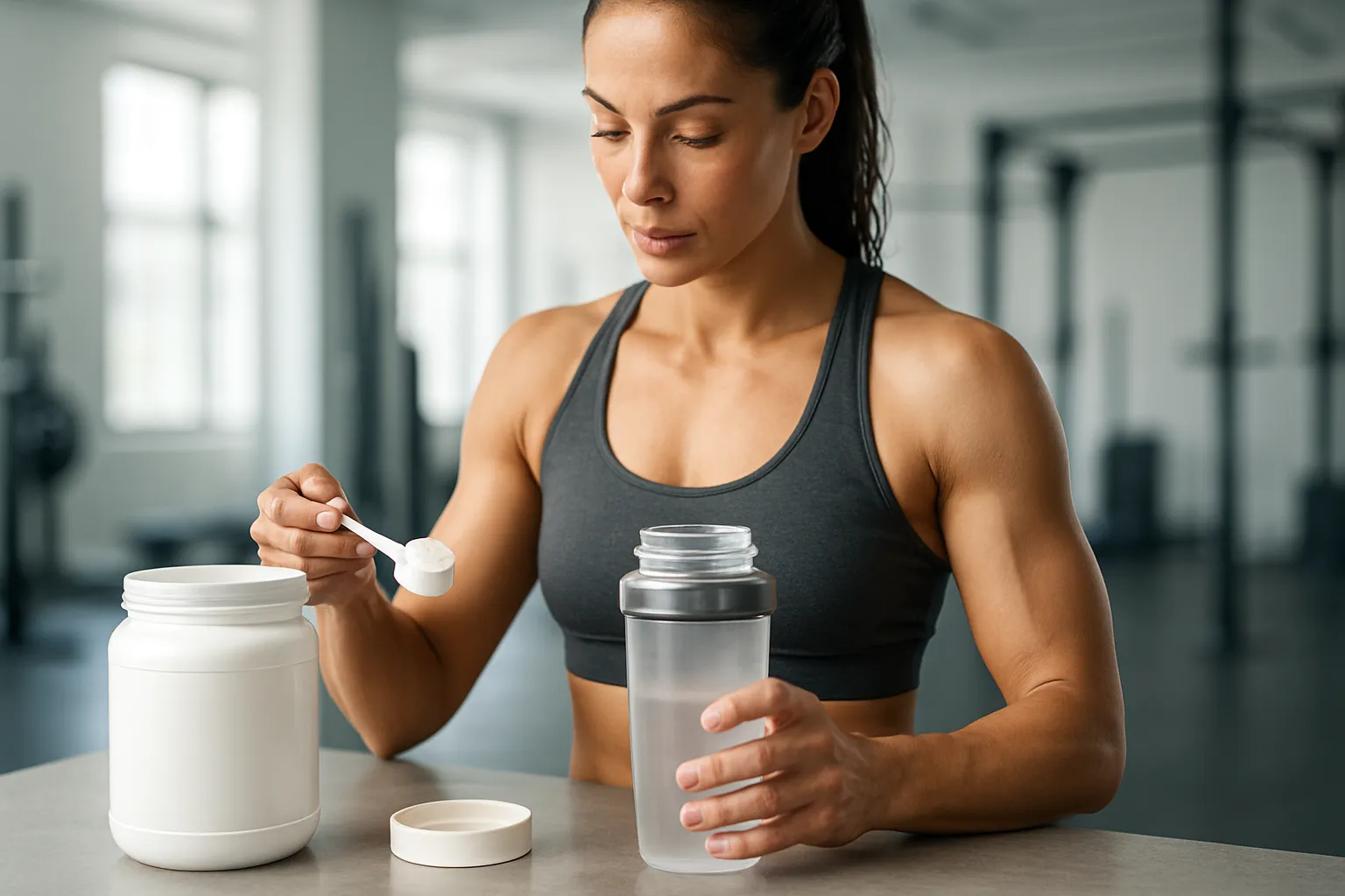 Atleta preparando suplemento de betaína (TMG) para melhorar performance física e recuperação muscular