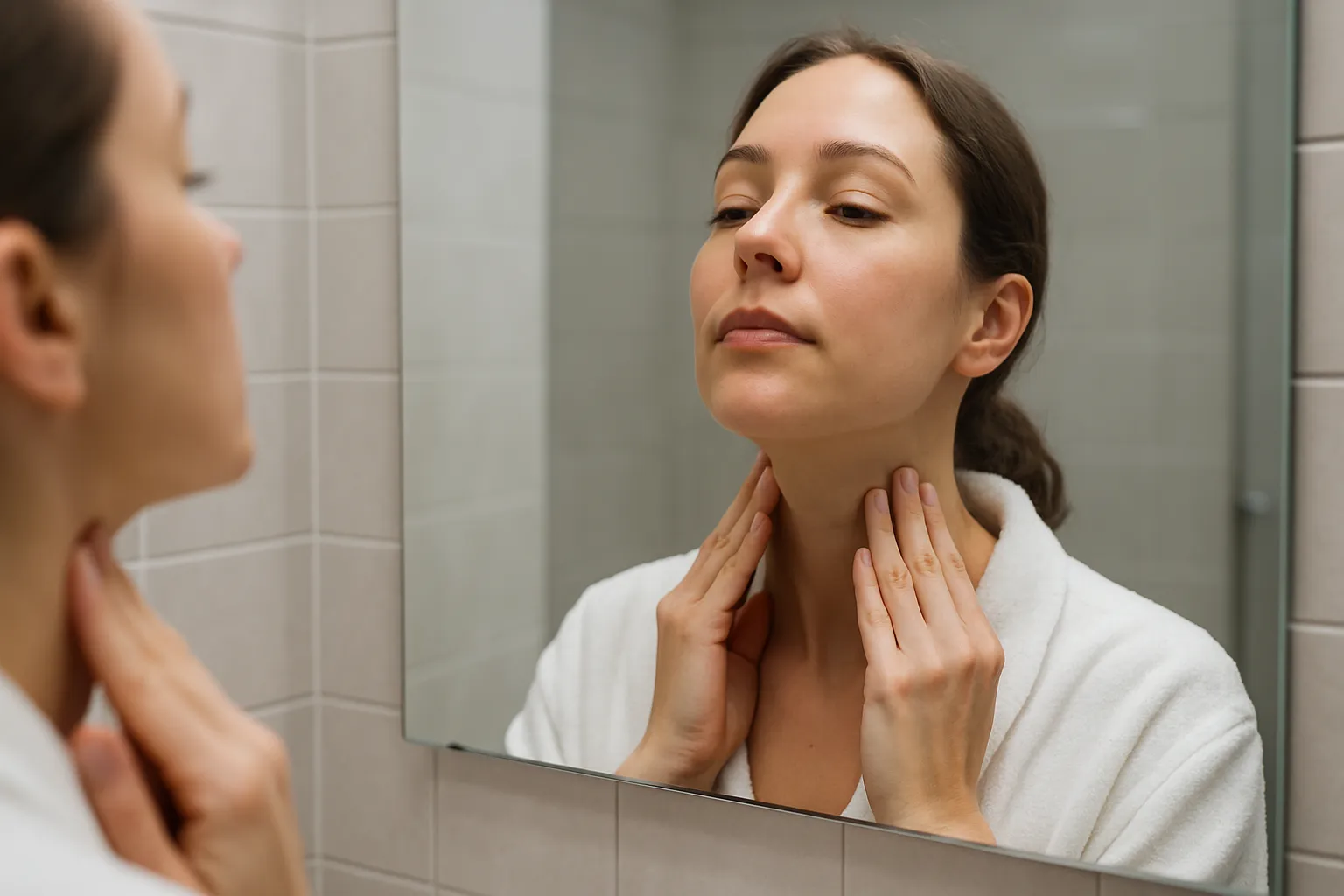 Mulher realizando autoexame da região cervical para detecção de nódulos tireoidianos, demonstrando técnica de palpação do pescoço