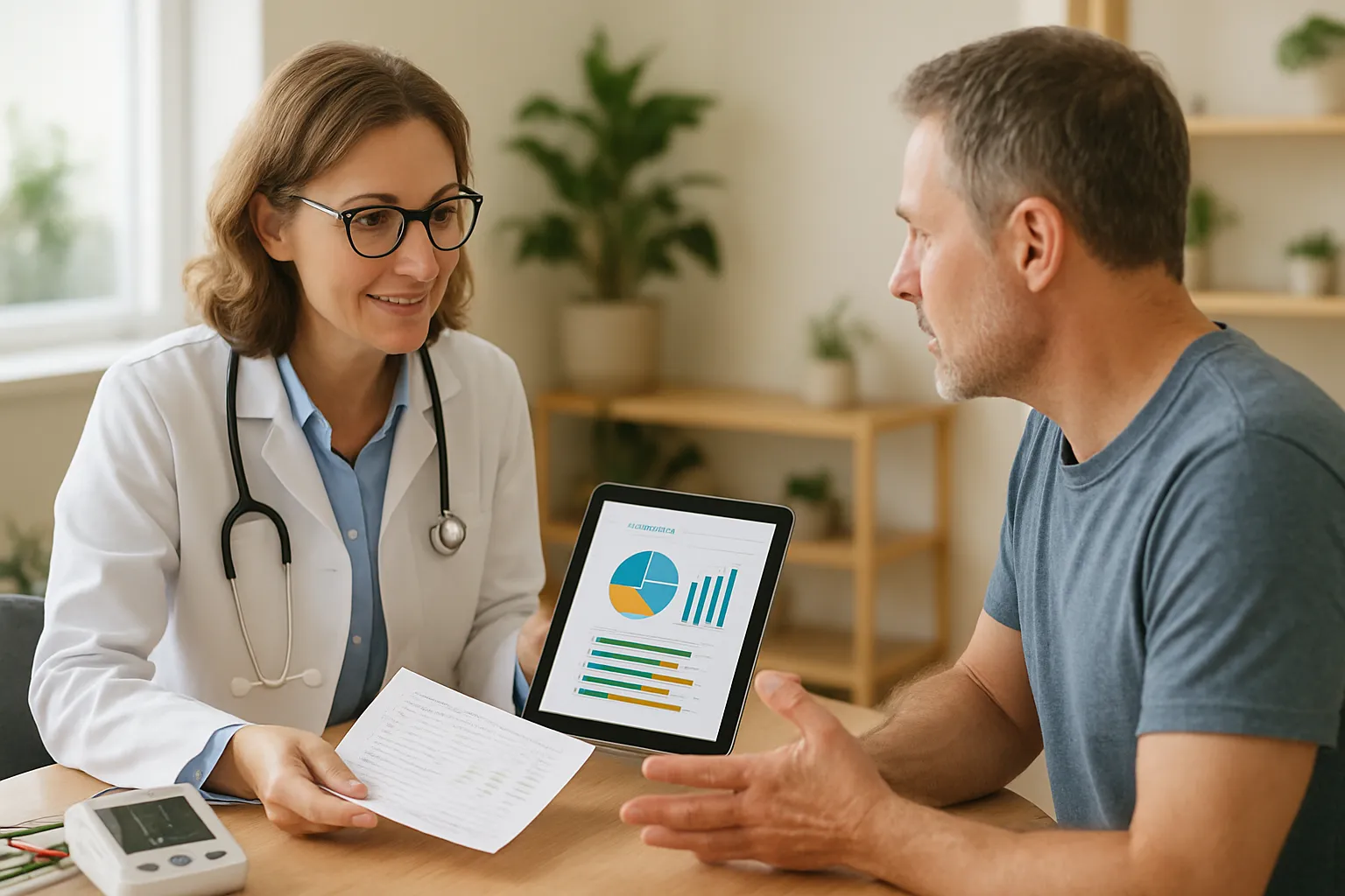 Profissional de saúde avaliando marcadores cardiovasculares e metabólicos durante consulta de reposição hormonal