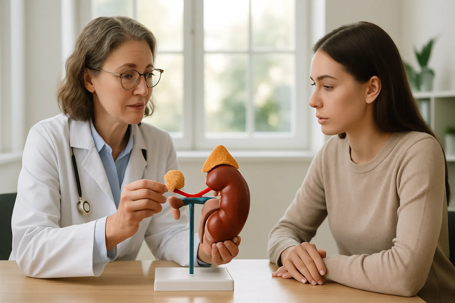 Profissional de saúde explicando resultados de exames de aldosterona para paciente usando modelo anatômico de rins e glândulas suprarrenais, demonstrando o sistema hormonal que controla pressão arterial e retenção de sódio
